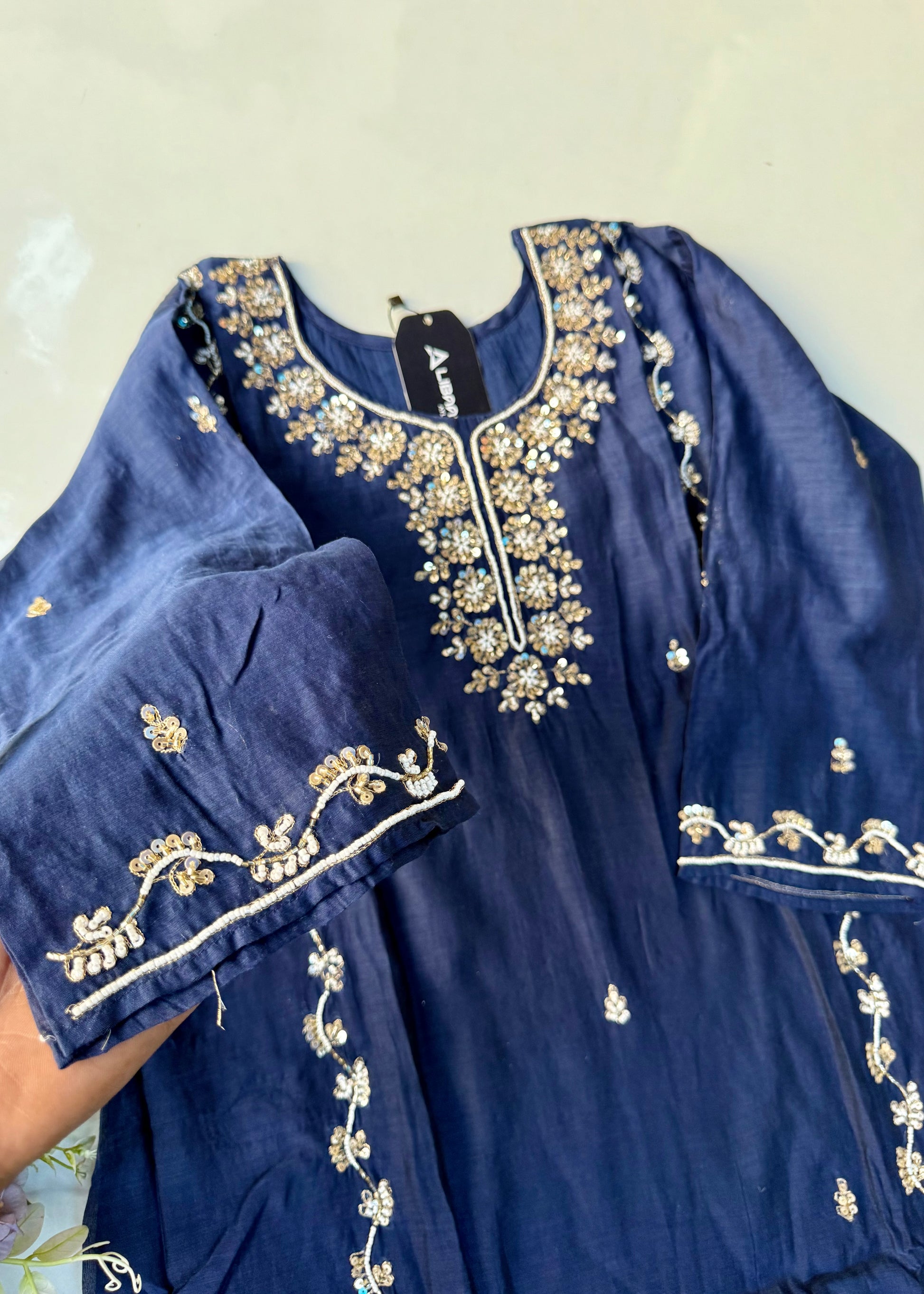 “Faraj” Navy Blue Pure Mul-Chanderi Party wear A Line suit set