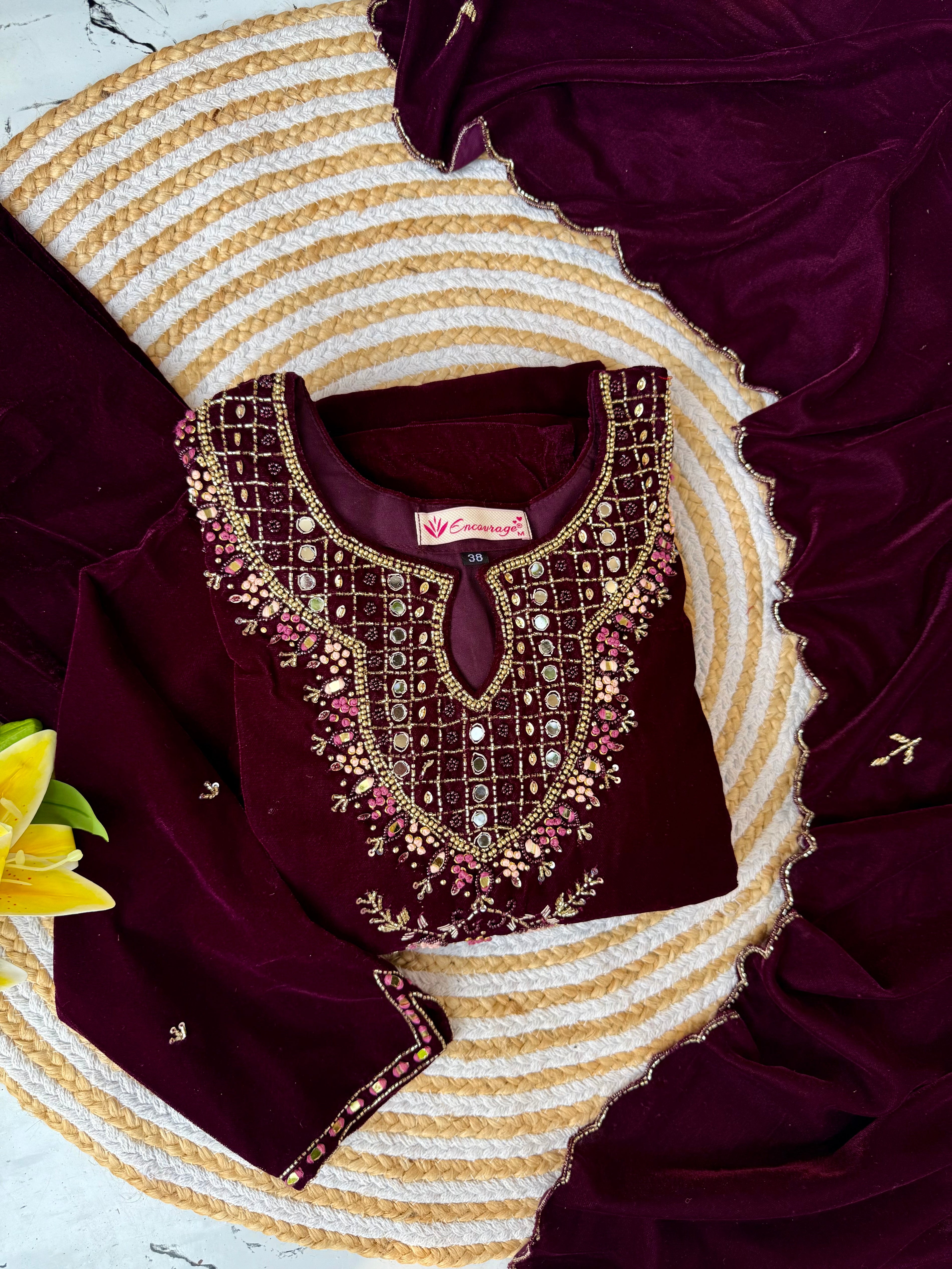 “Jivika” Maroon heavy velvet handwork suit set