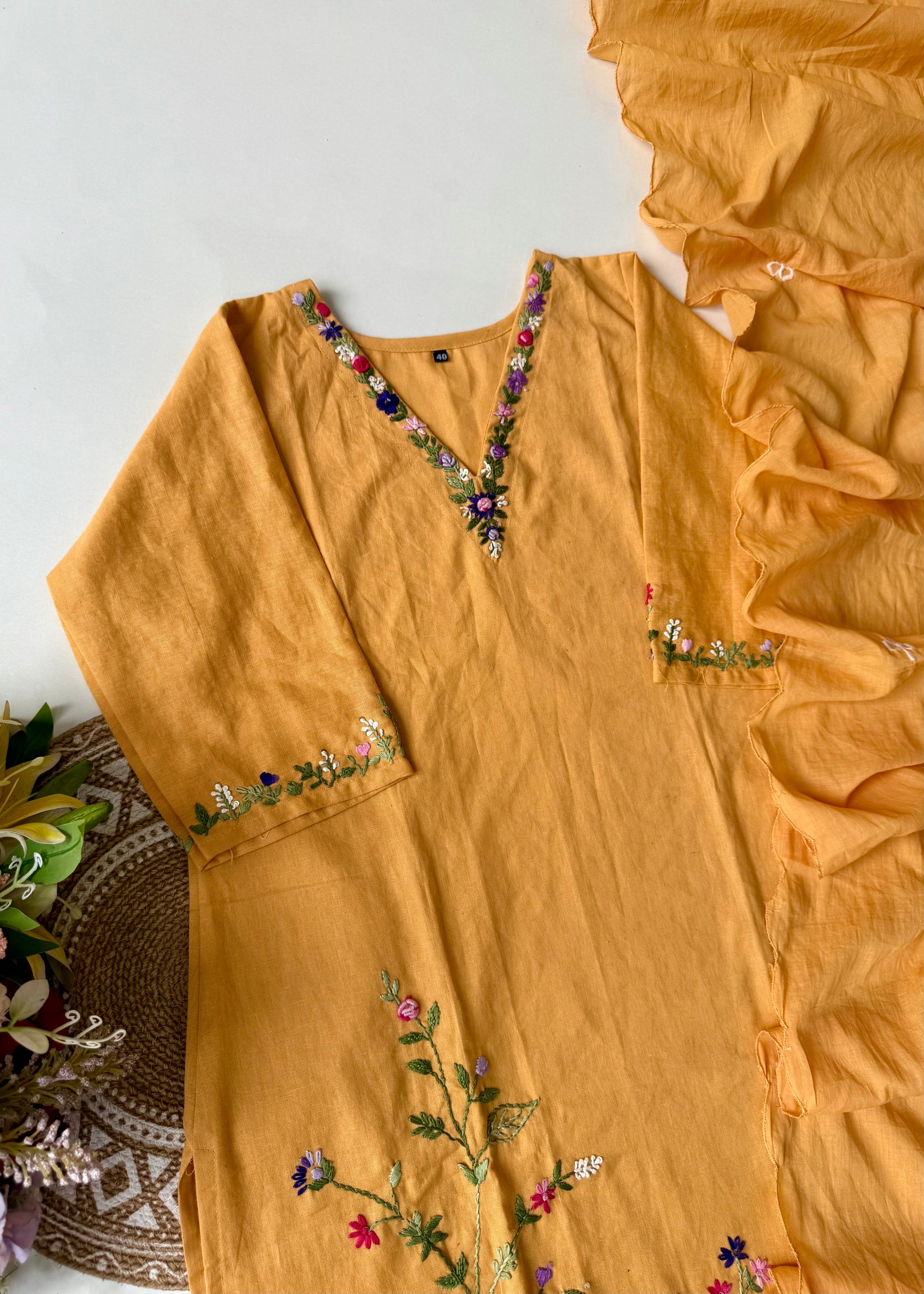 “Aayana” Premium lemon yellow cotton thread work kurta set
