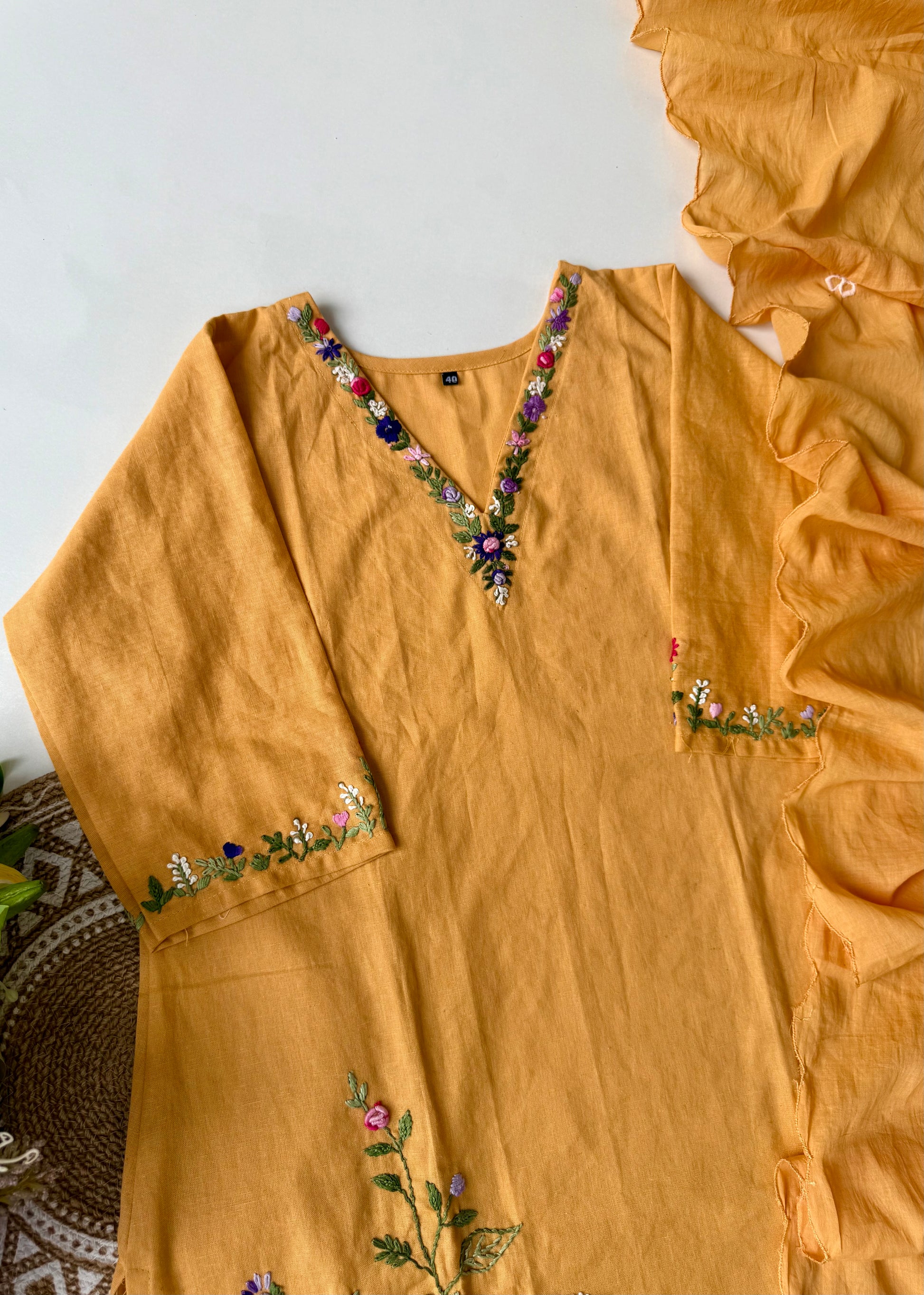 “Aayana” Premium lemon yellow cotton thread work kurta set
