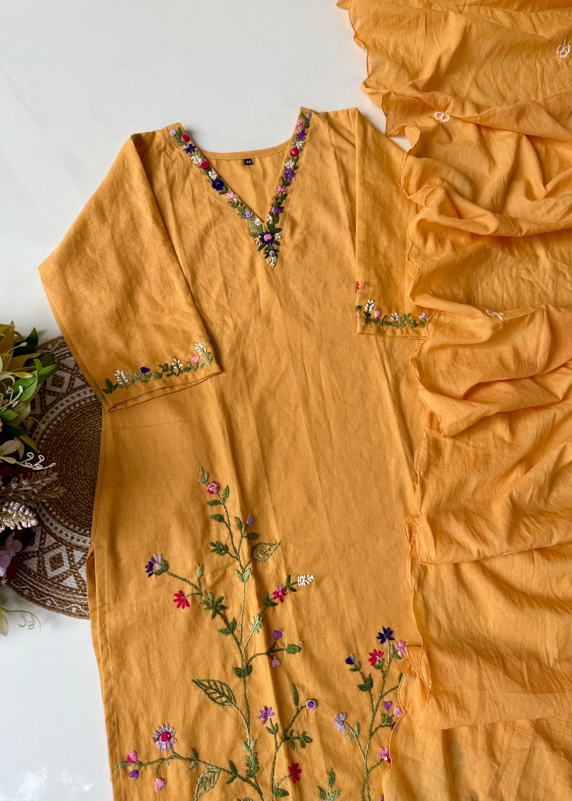 “Aayana” Premium lemon yellow cotton thread work kurta set
