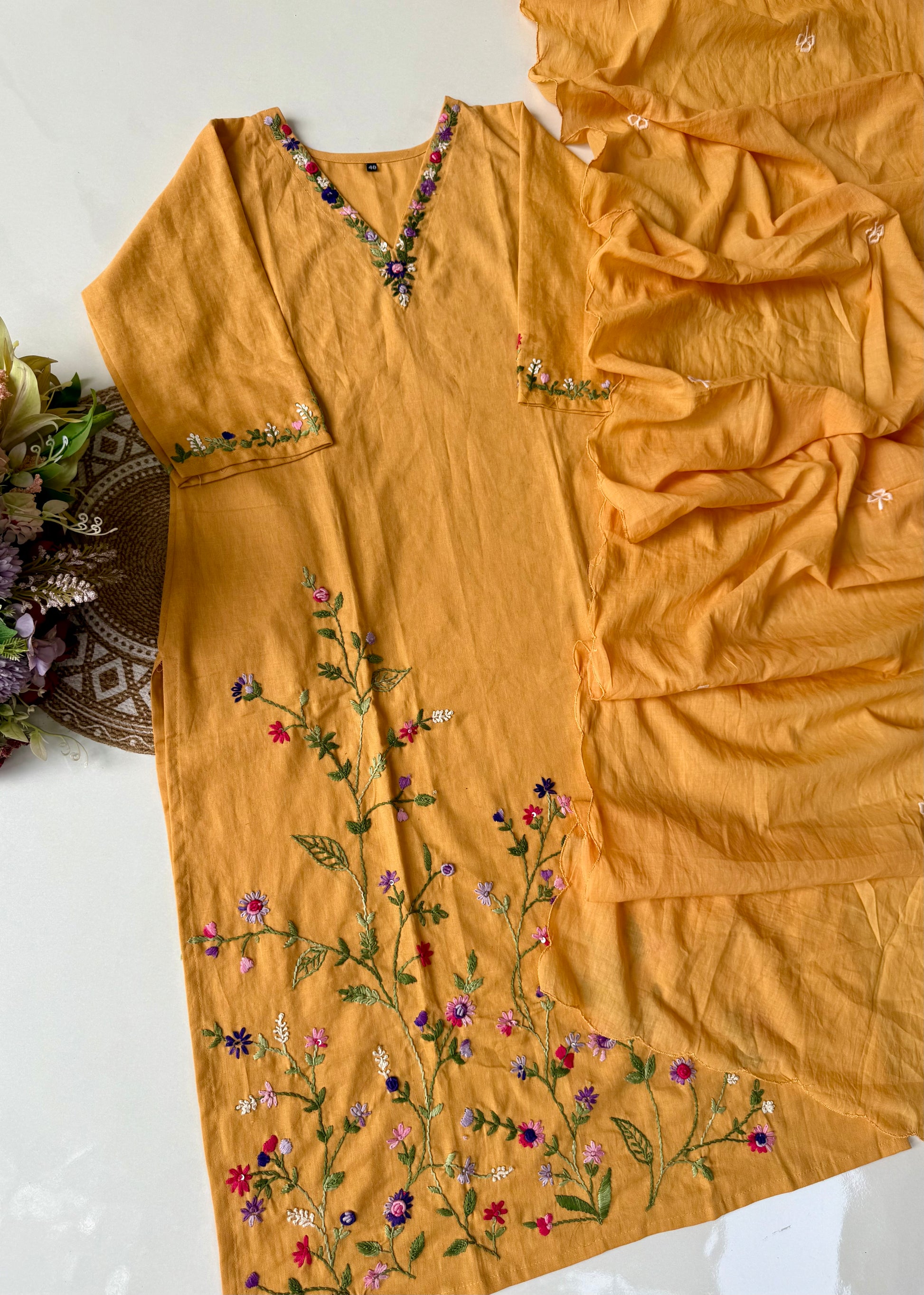 “Aayana” Premium lemon yellow cotton thread work kurta set