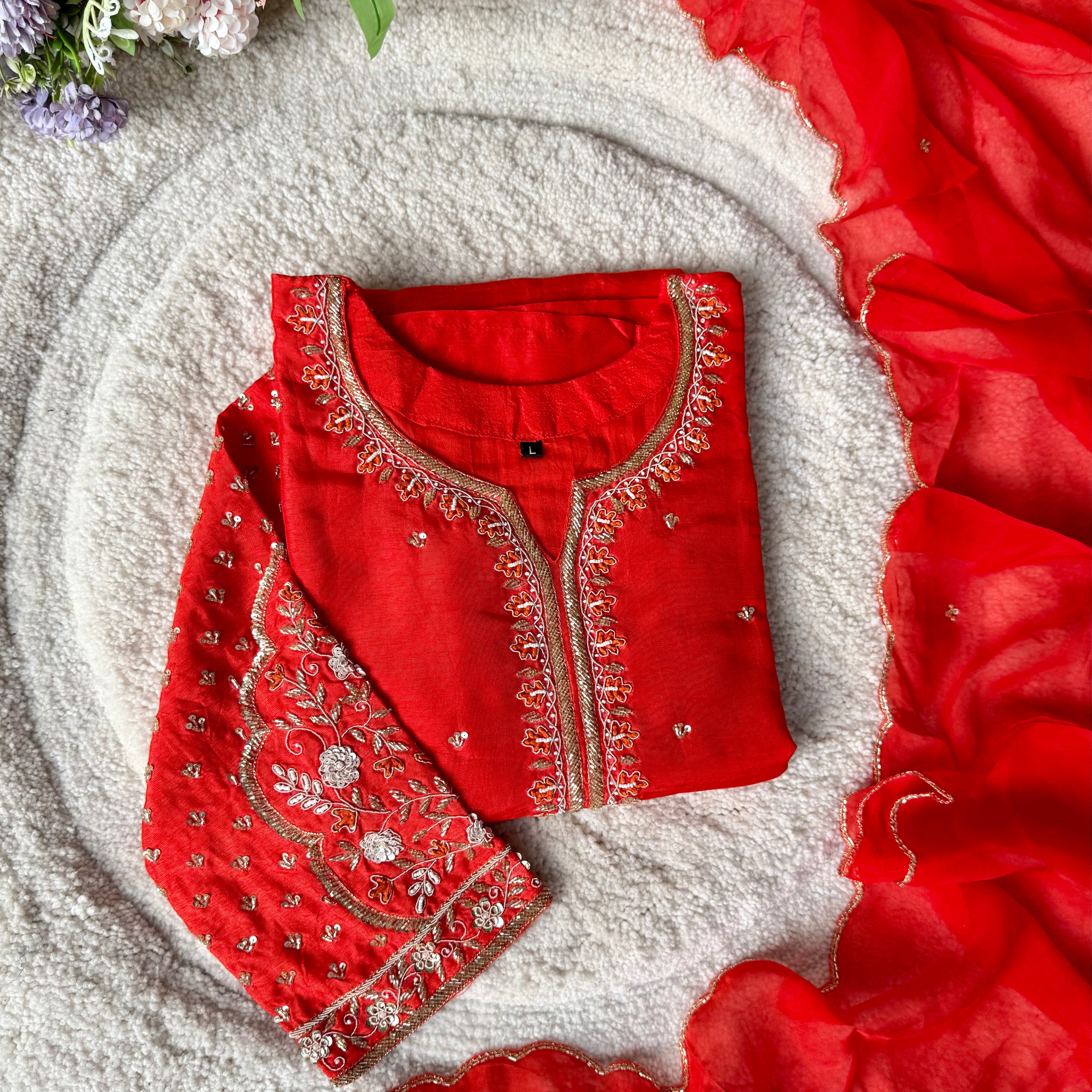 “Aayza ” Partywear Orange heavy handwork Dola Silk Kurta Set