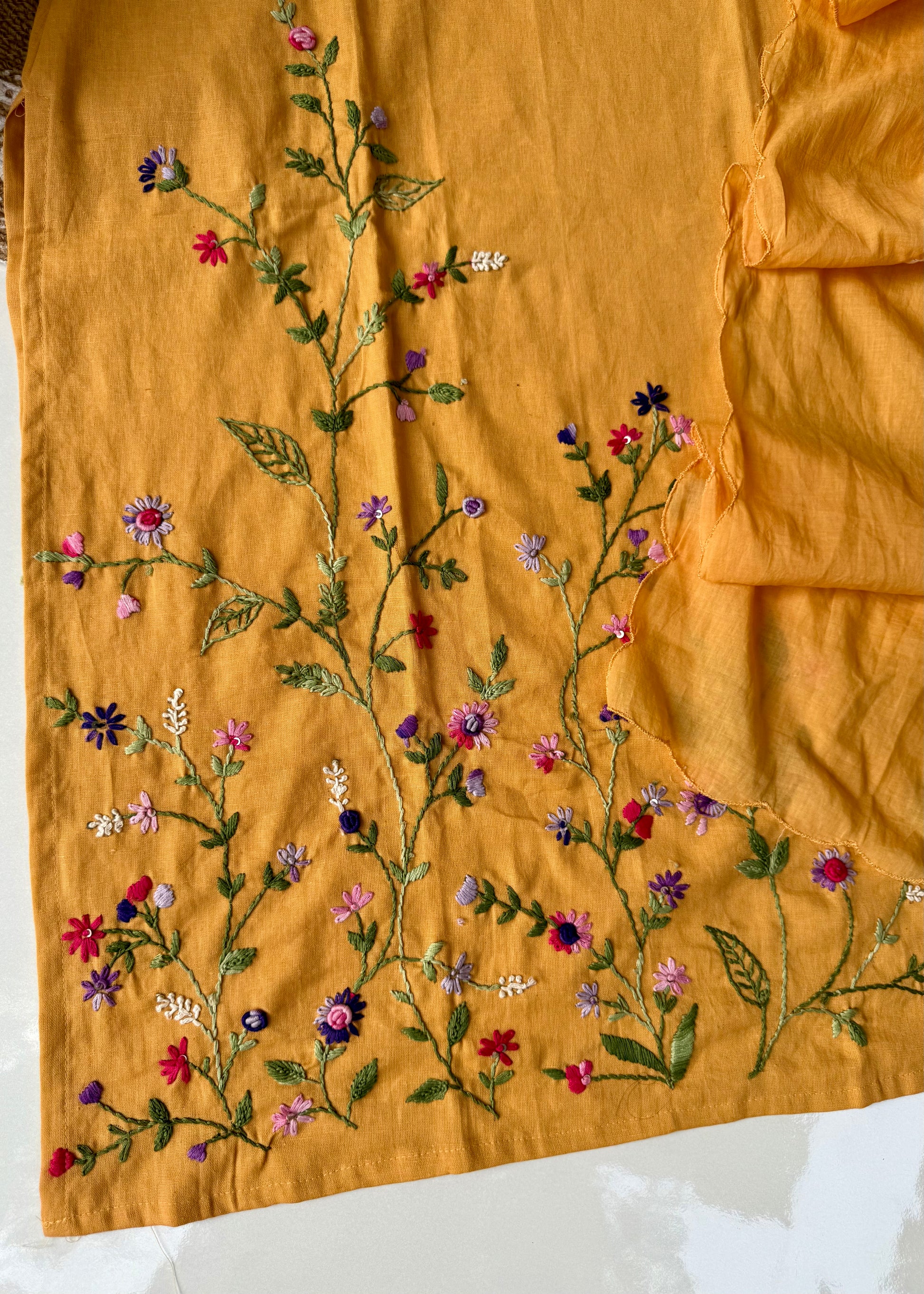 “Aayana” Premium lemon yellow cotton thread work kurta set