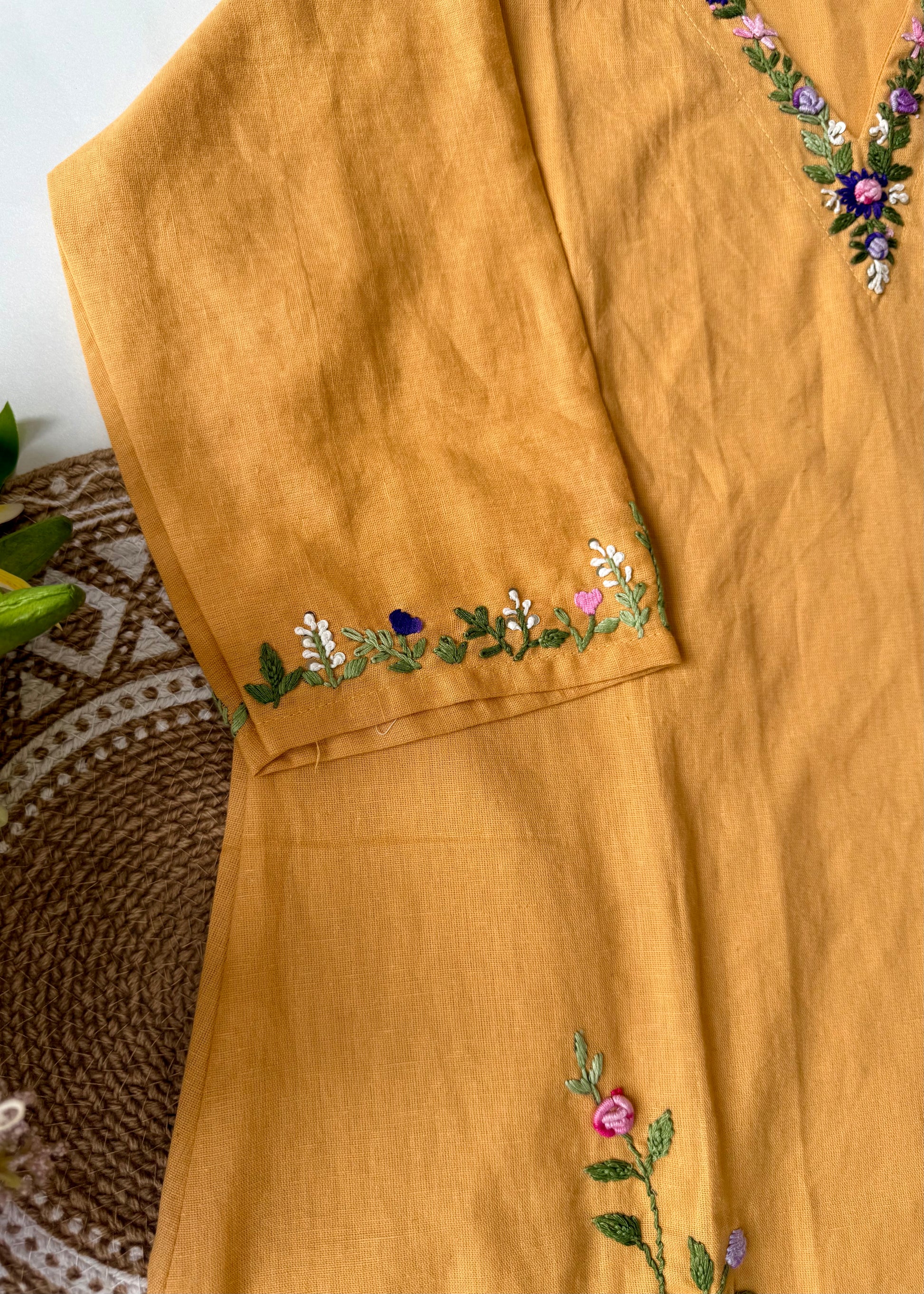 “Aayana” Premium lemon yellow cotton thread work kurta set