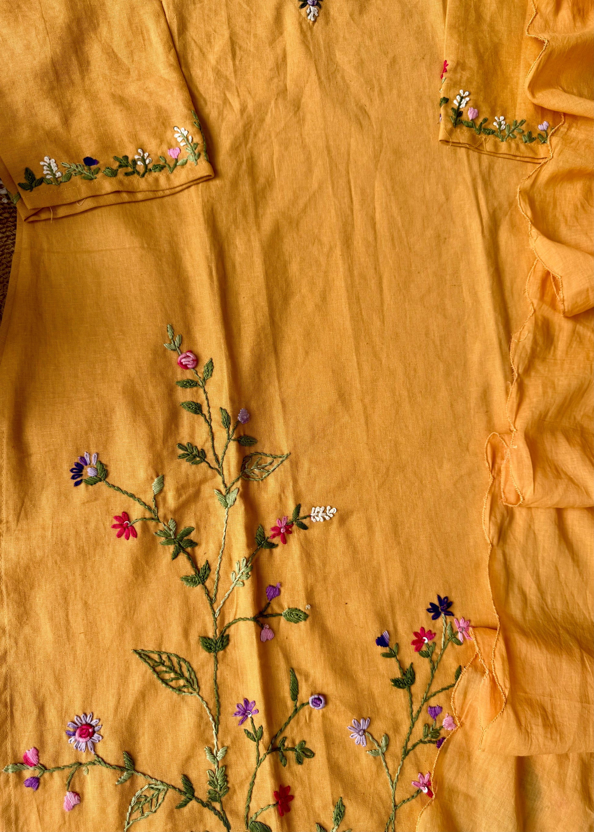 “Aayana” Premium lemon yellow cotton thread work kurta set