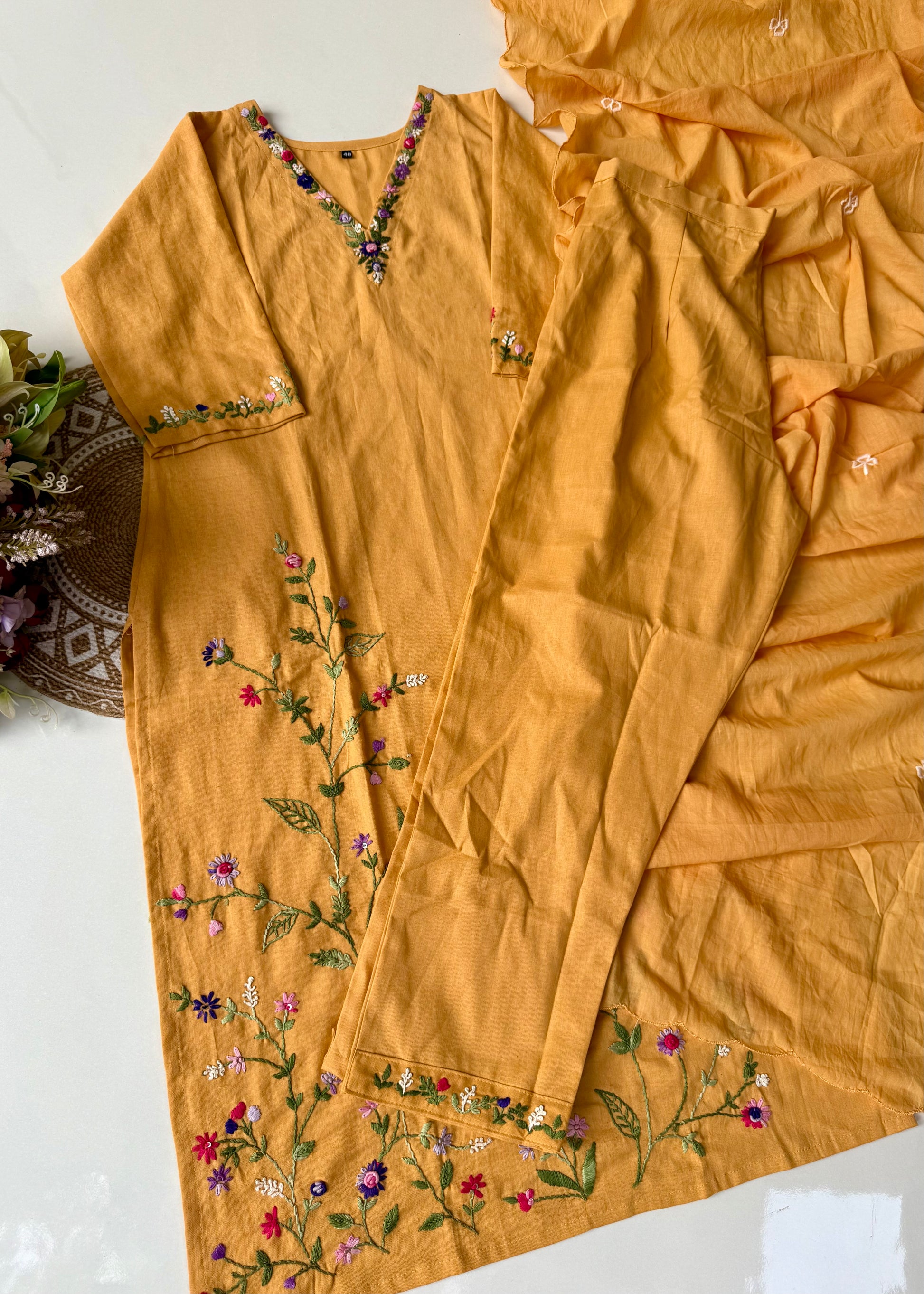 “Aayana” Premium lemon yellow cotton thread work kurta set