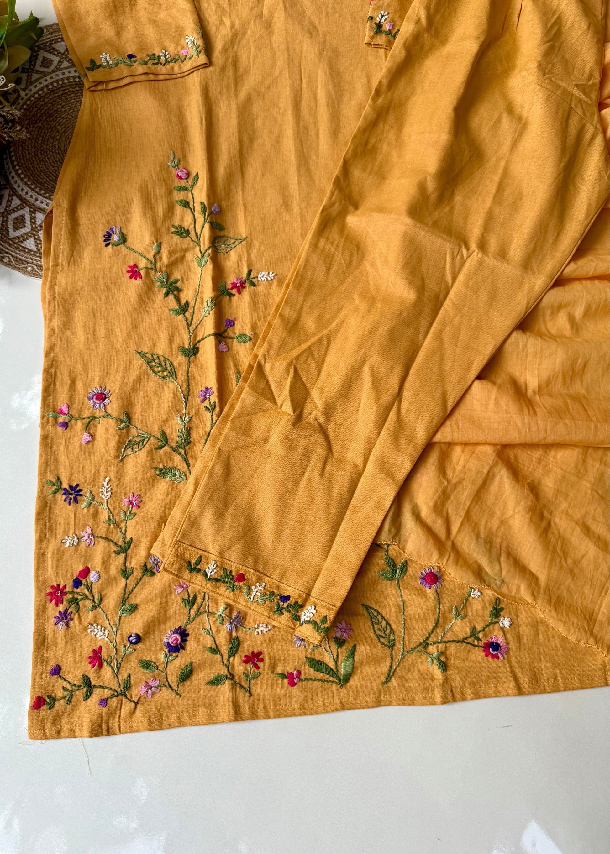 “Aayana” Premium lemon yellow cotton thread work kurta set