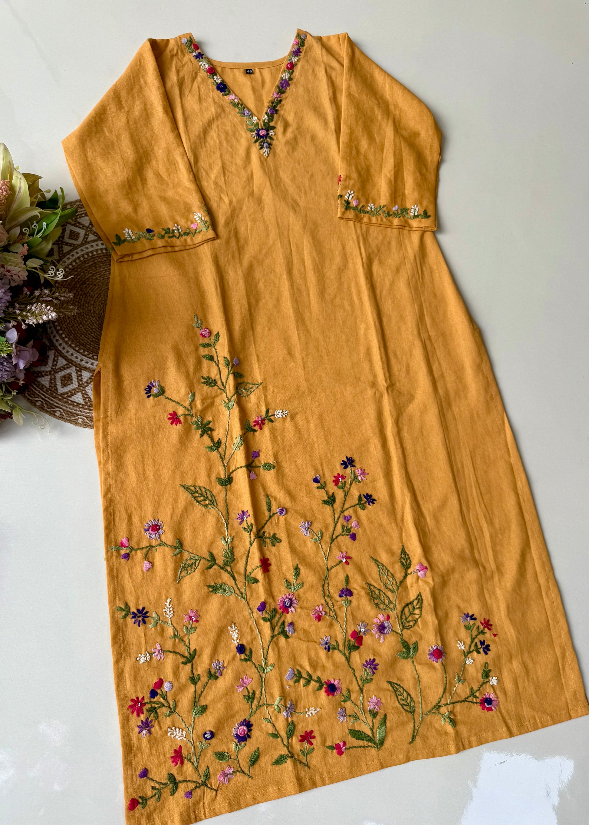“Aayana” Premium lemon yellow cotton thread work kurta set