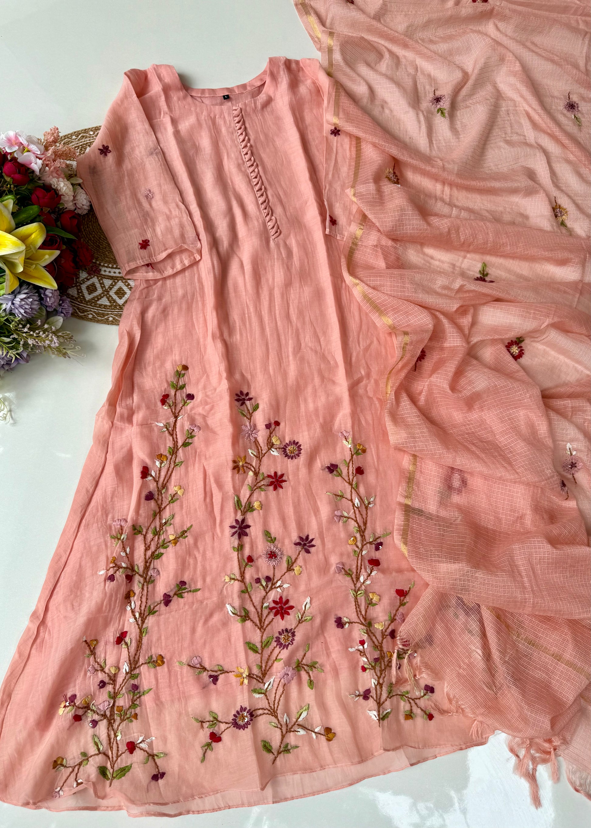 “Thread” Premium Mauve pink Mul Chanderi A Line kurta set