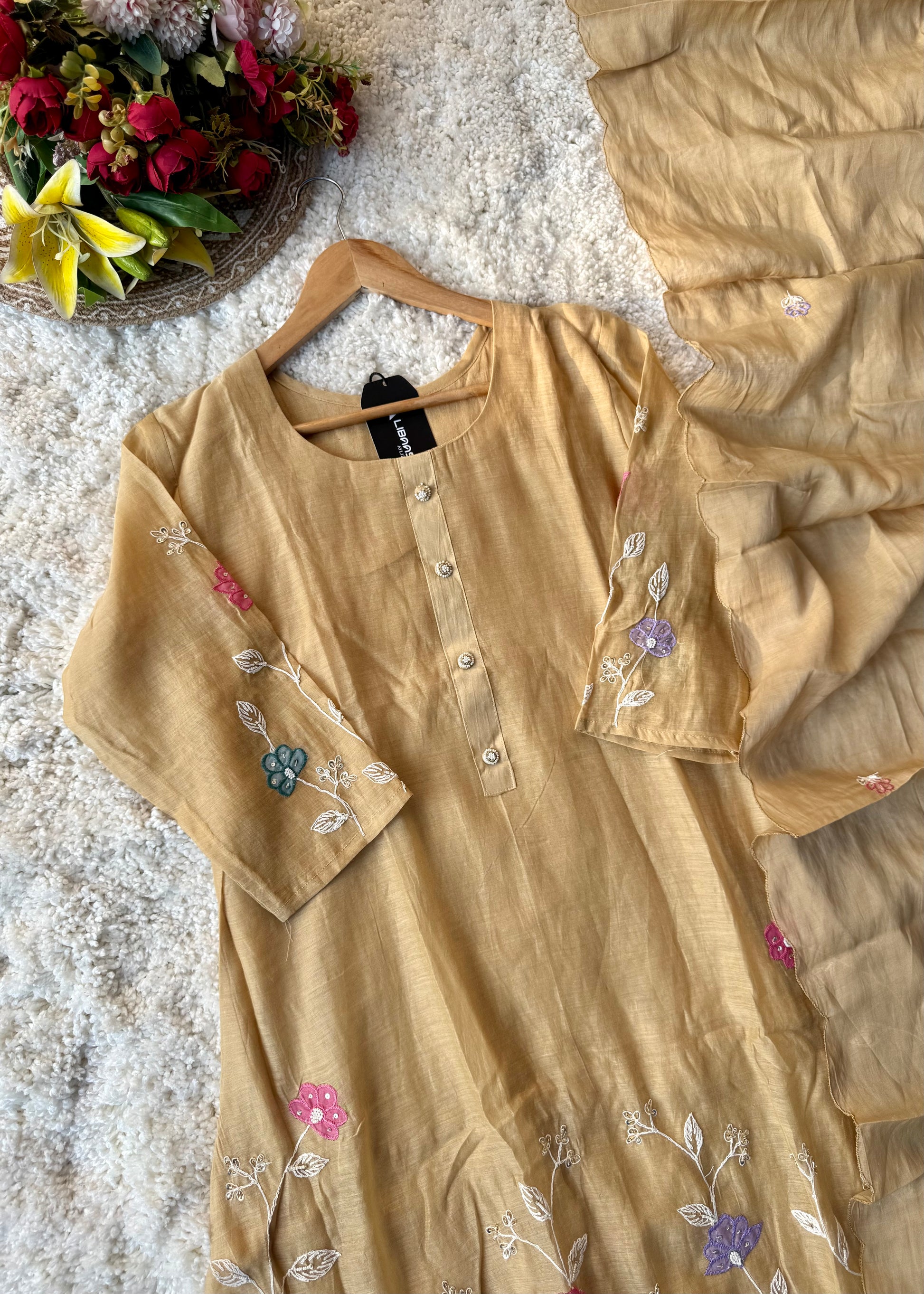 “Thread” Premium Golden Beige Mul Chanderi A Line kurta set