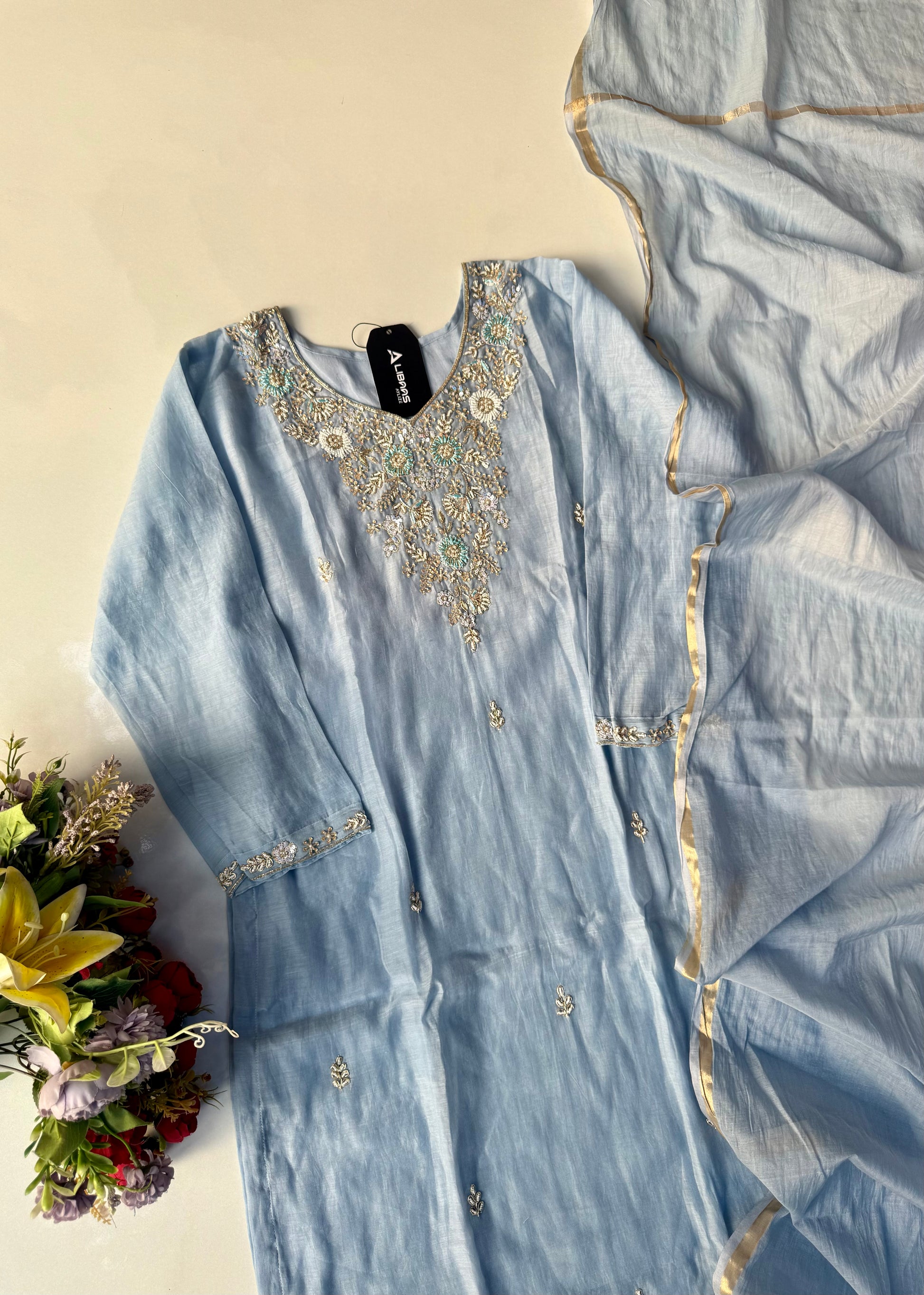 “Rania” Trending Ethnic Wear Powder Blue Mul Chanderi Kurta Set