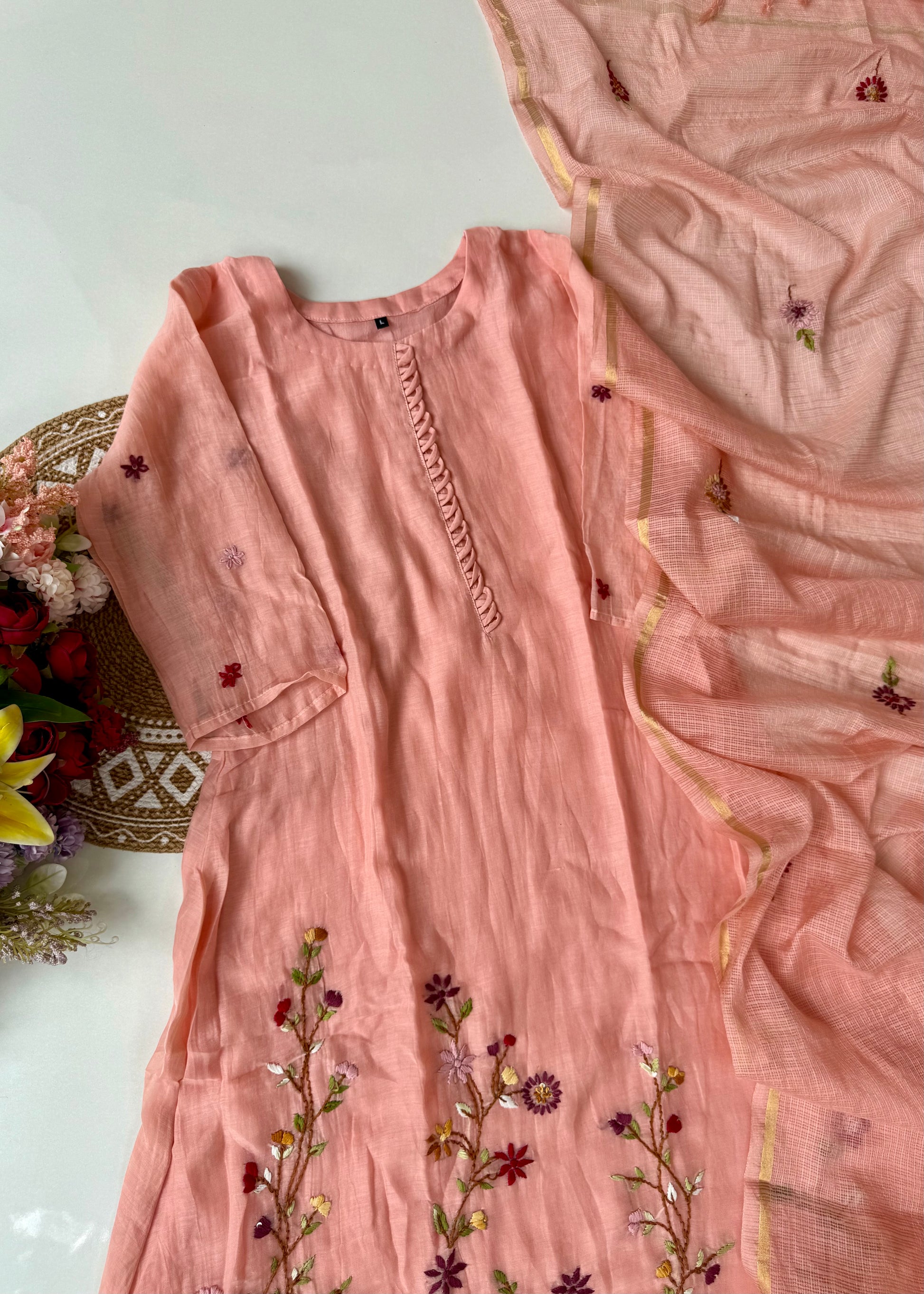 “Thread” Premium Mauve pink Mul Chanderi A Line kurta set
