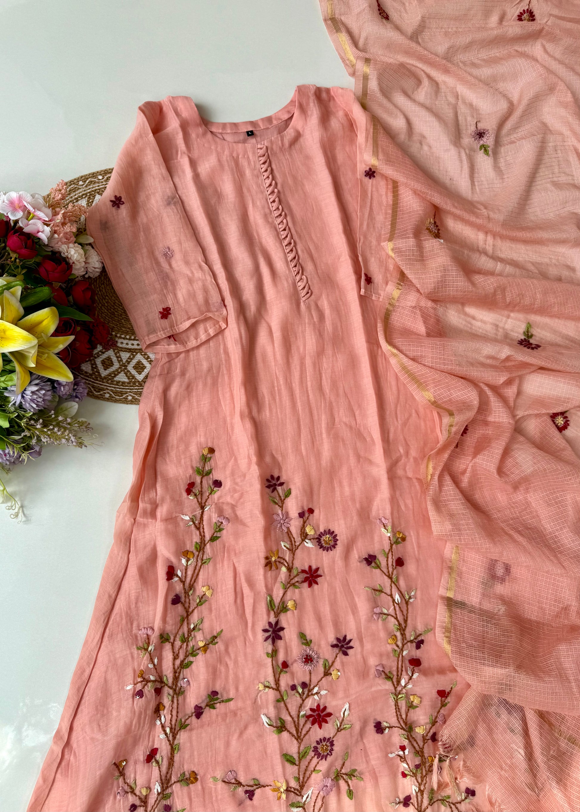 “Thread” Premium Mauve pink Mul Chanderi A Line kurta set