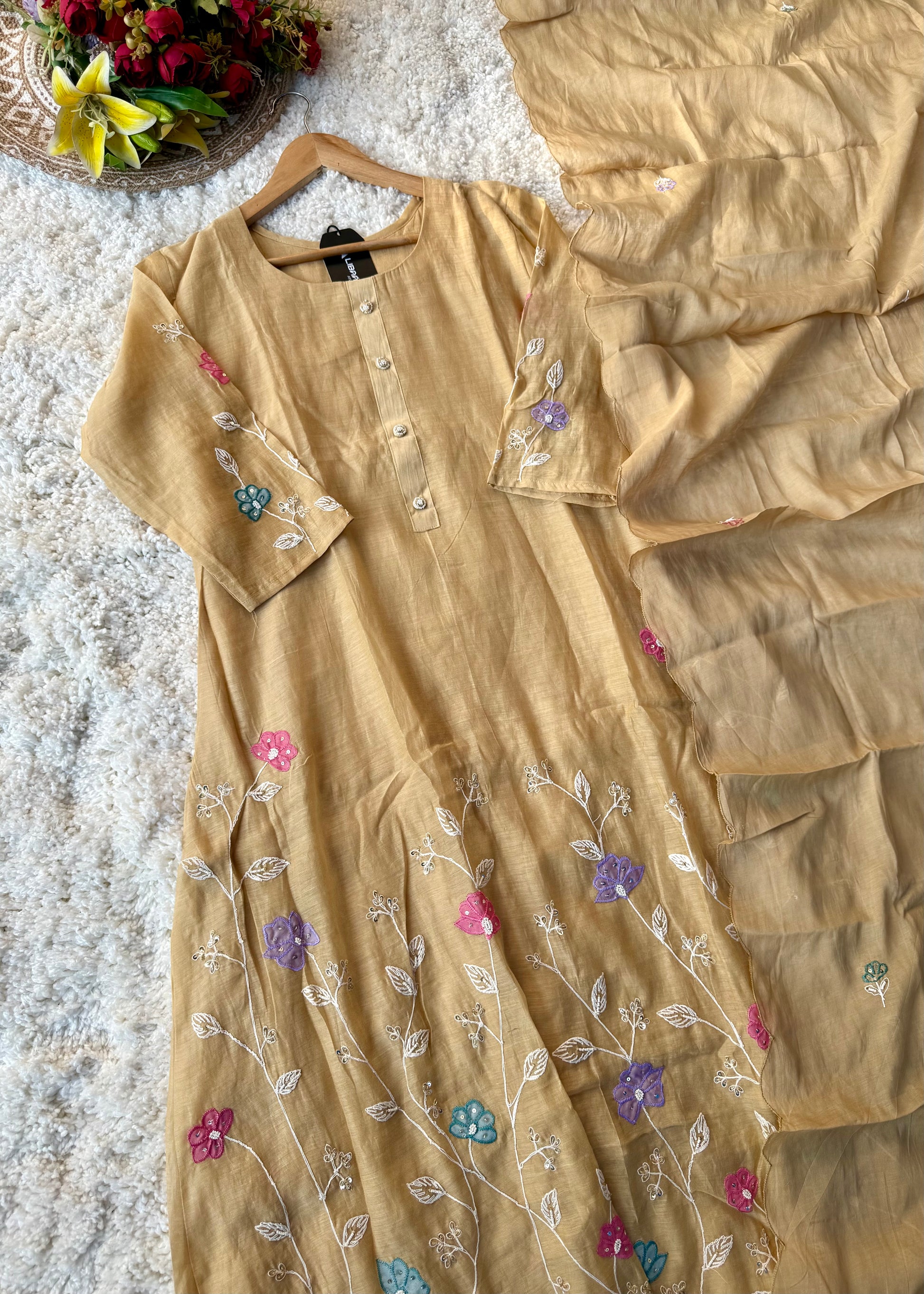 “Thread” Premium Golden Beige Mul Chanderi A Line kurta set