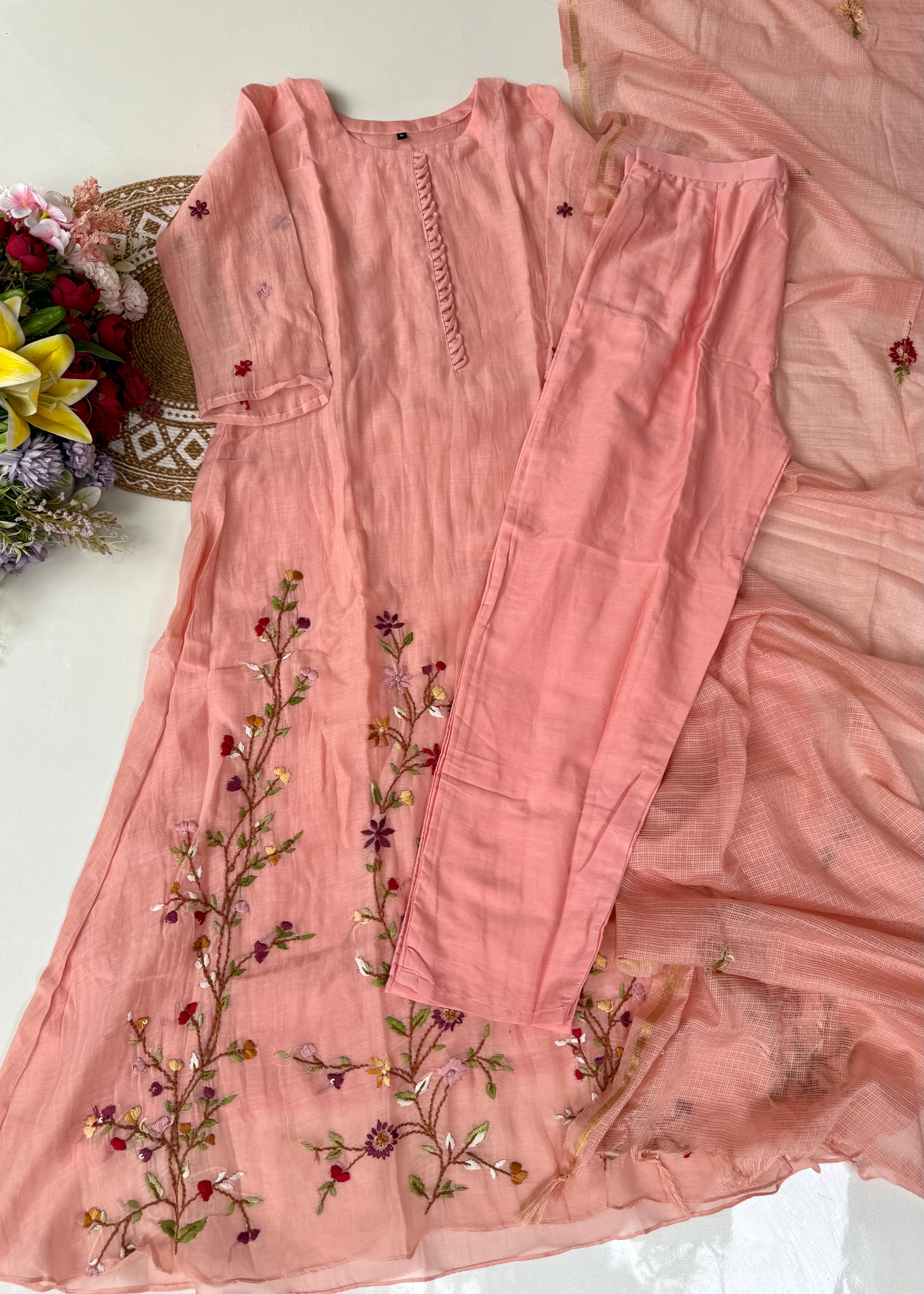 “Thread” Premium Mauve pink Mul Chanderi A Line kurta set