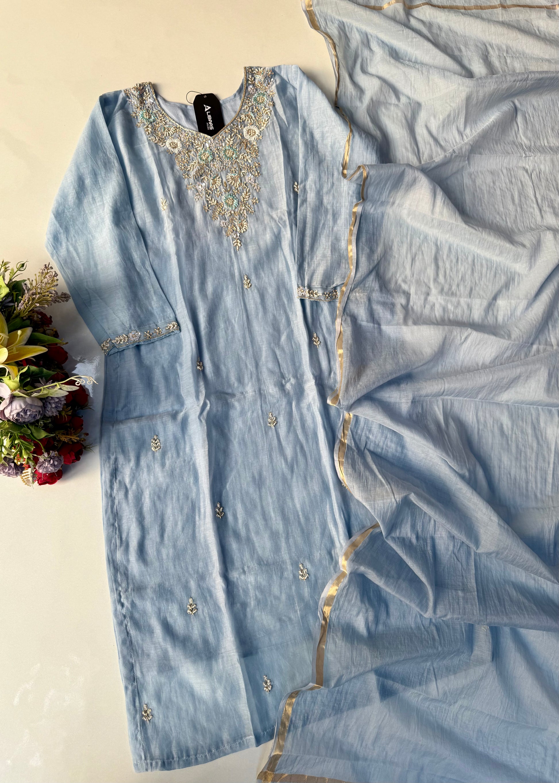 “Rania” Trending Ethnic Wear Powder Blue Mul Chanderi Kurta Set