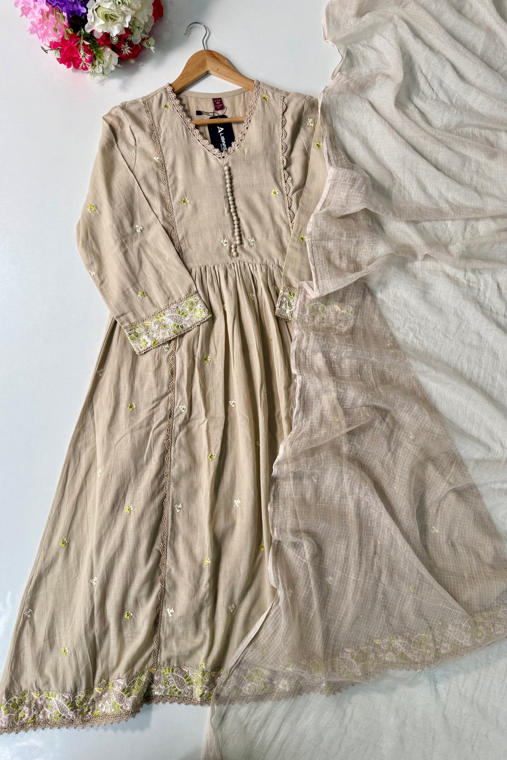 “Sana” Premium Sand Beige Cotton Embroidered Anarkali kurta set