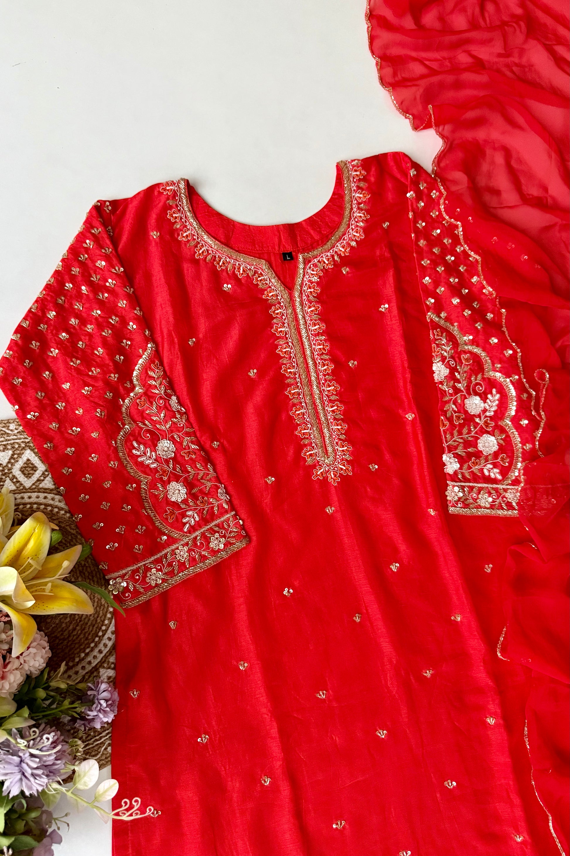 “Aayza ” Partywear Orange heavy handwork Dola Silk Kurta Set