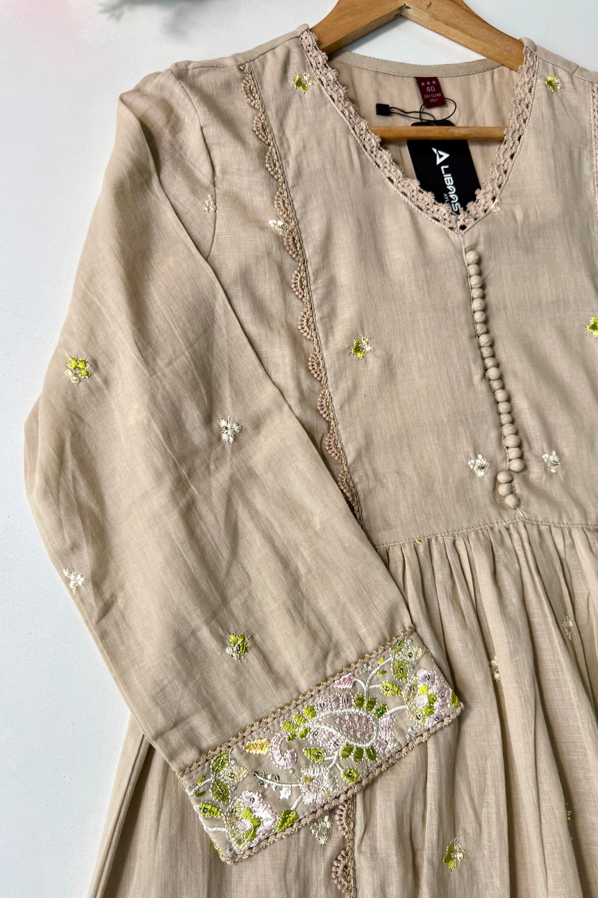 “Sana” Premium Sand Beige Cotton Embroidered Anarkali kurta set