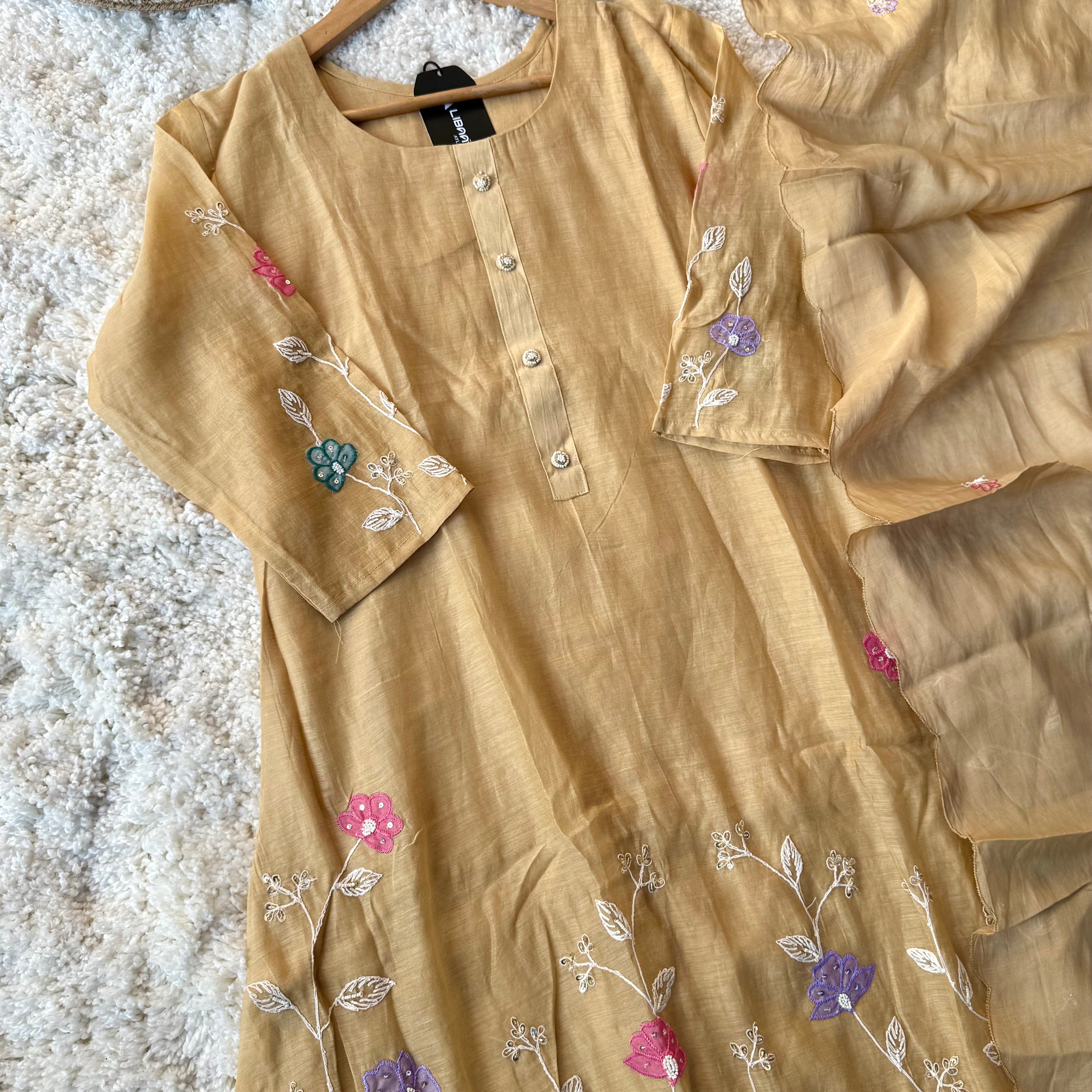 “Thread” Premium Golden Beige Mul Chanderi A Line kurta set