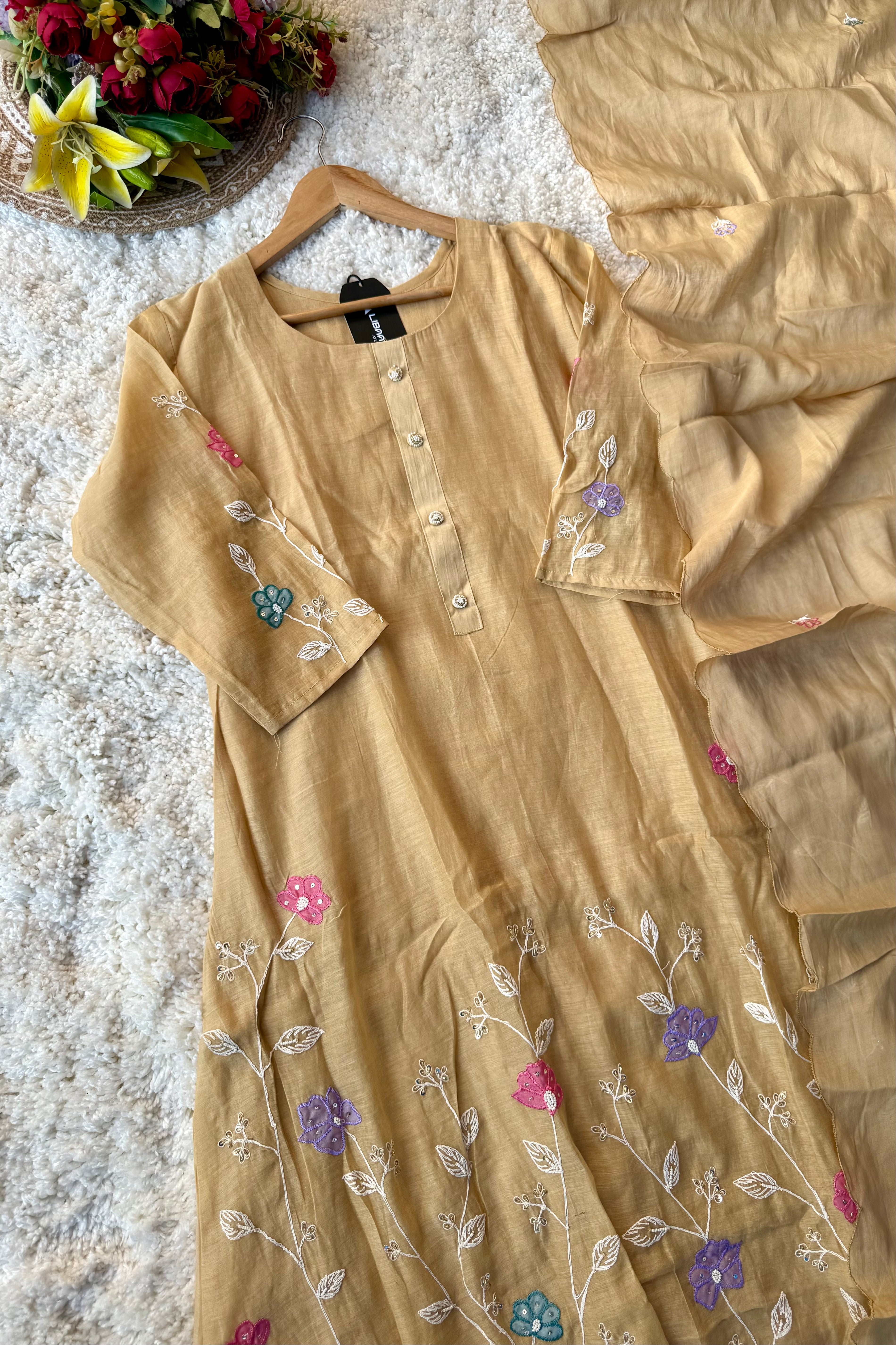 “Thread” Premium Golden Beige Mul Chanderi A Line kurta set