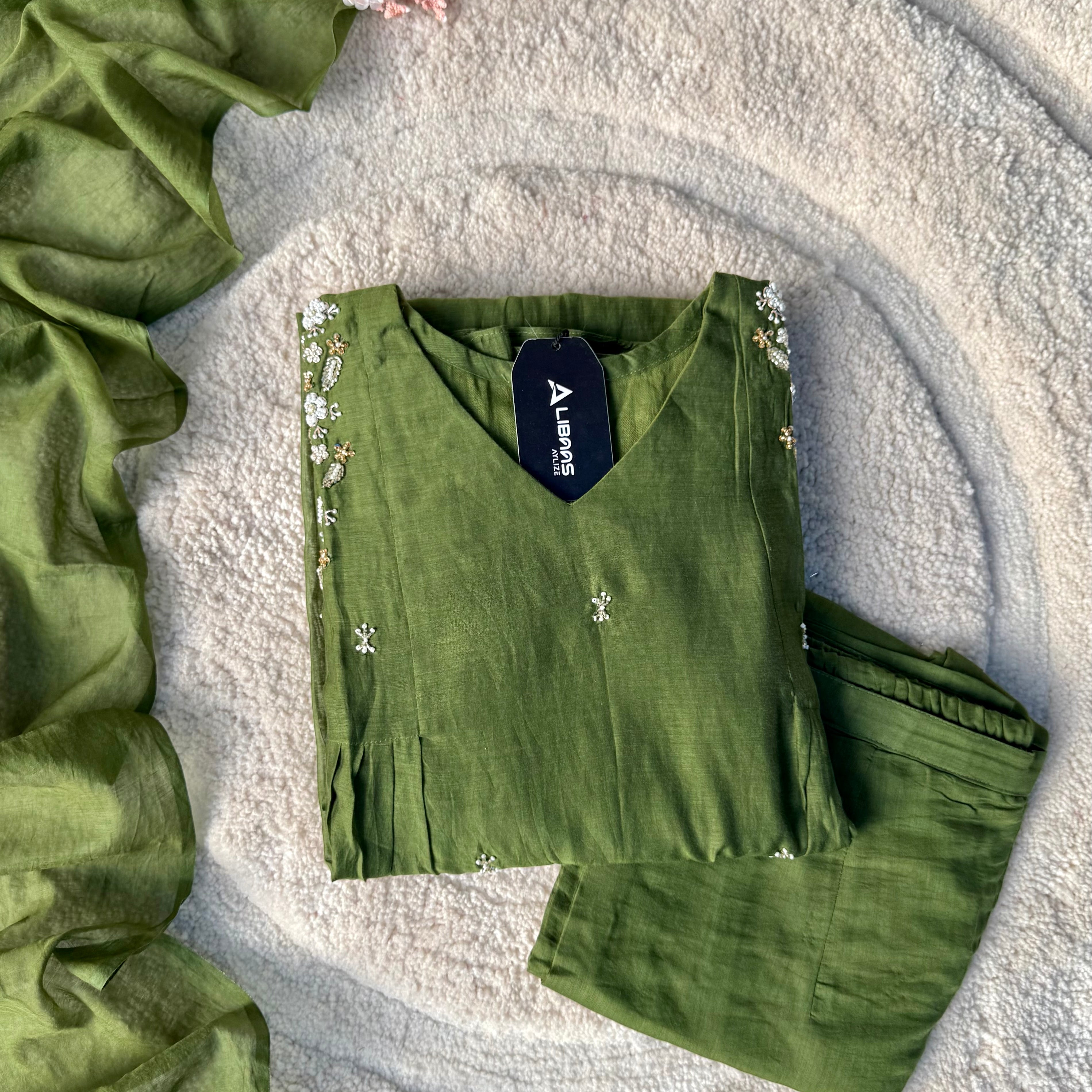 “Zayna” Premium Green Mul Chanderi anarkali kurta set