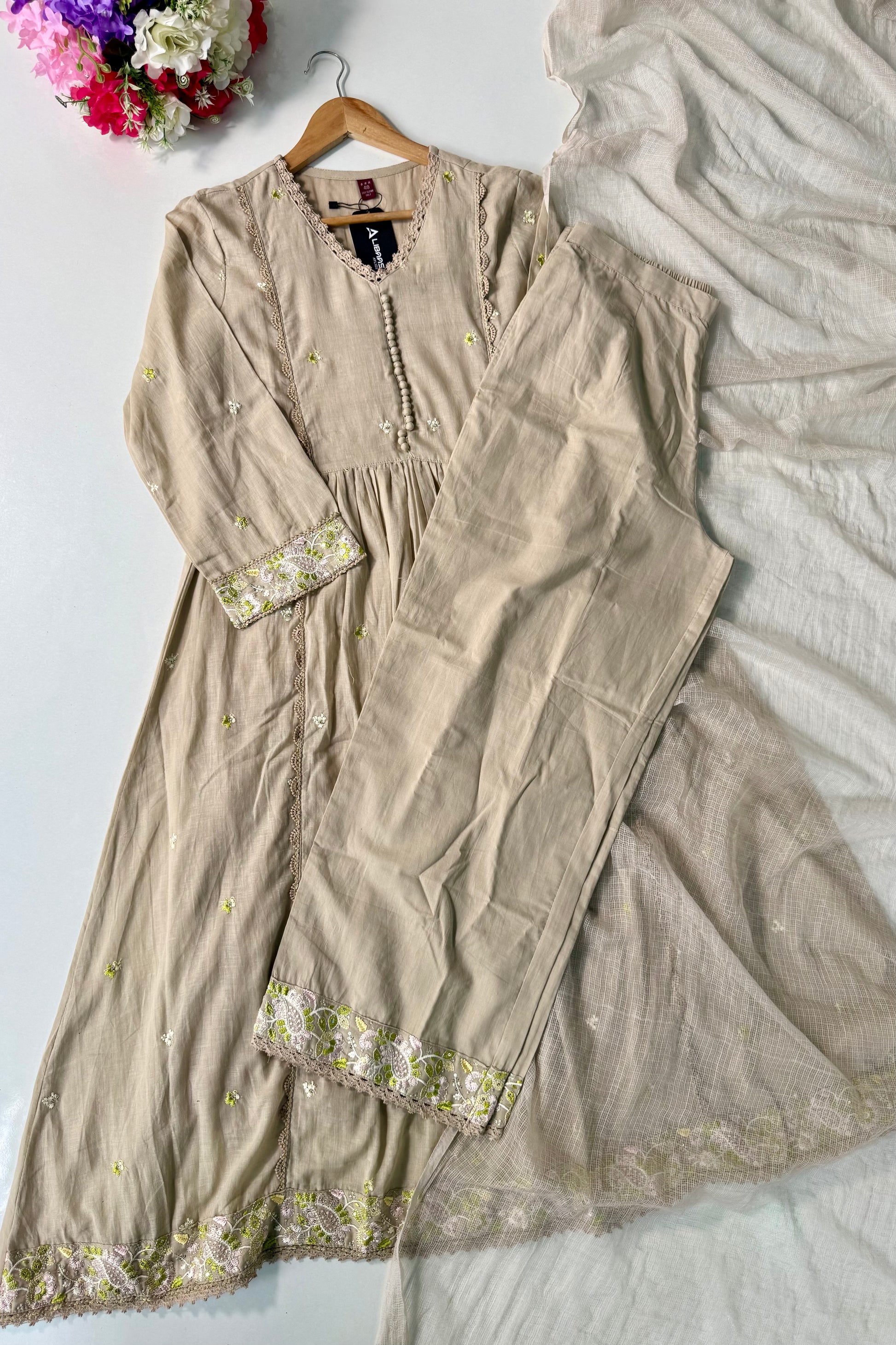 “Sana” Premium Sand Beige Cotton Embroidered Anarkali kurta set
