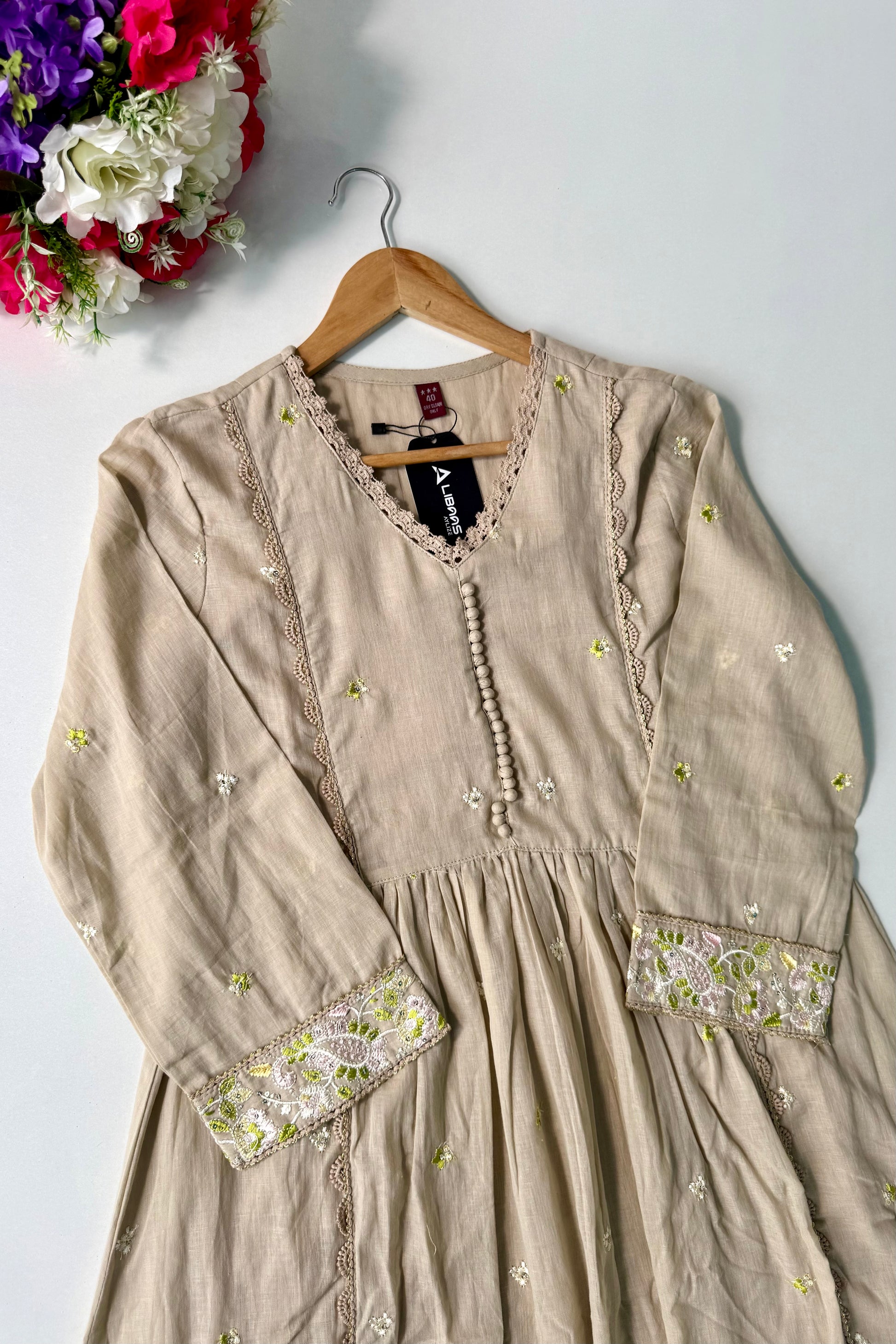“Sana” Premium Sand Beige Cotton Embroidered Anarkali kurta set