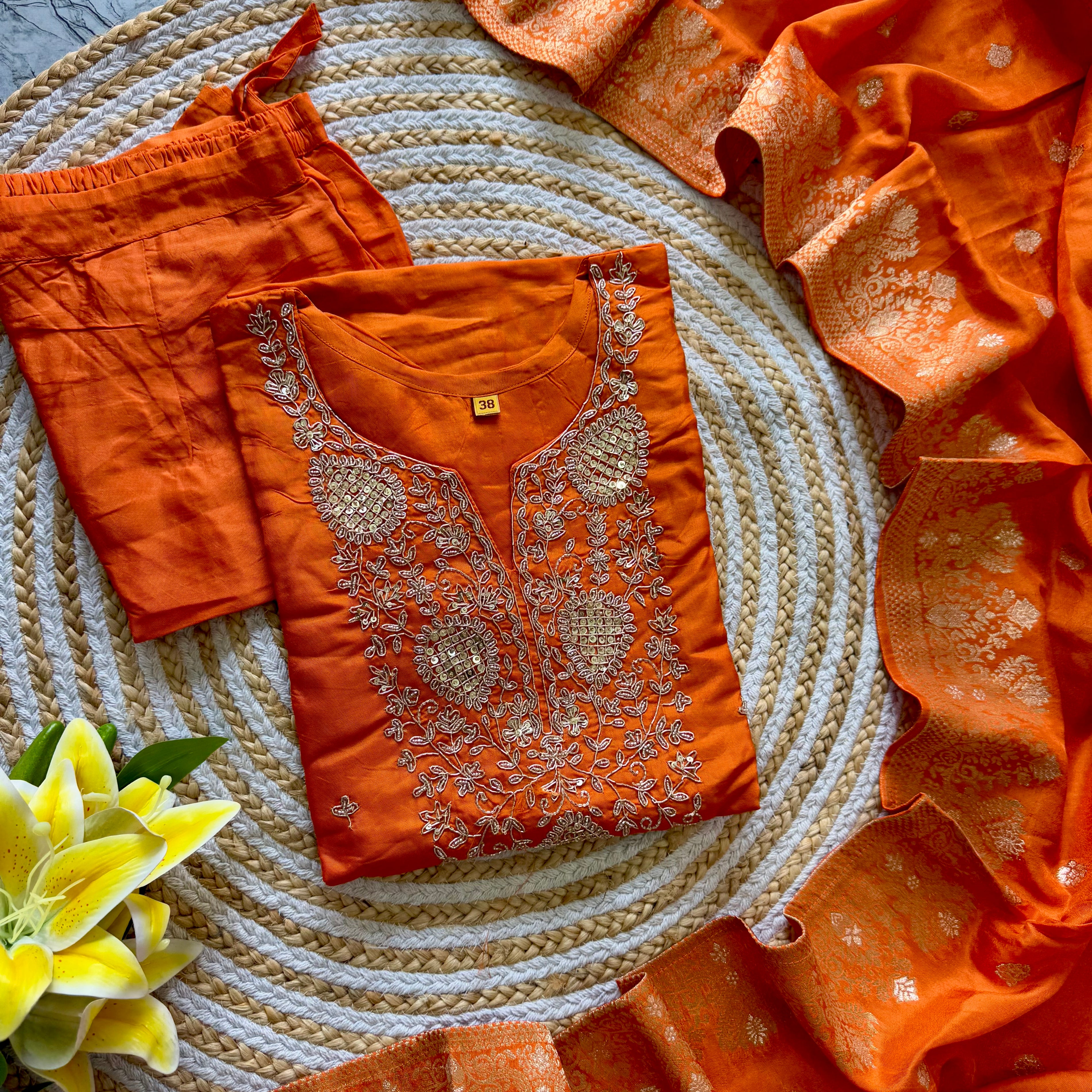 "Safiina" Beautiful orange shade dola silk kurti bottom with dupatta set 🛍️