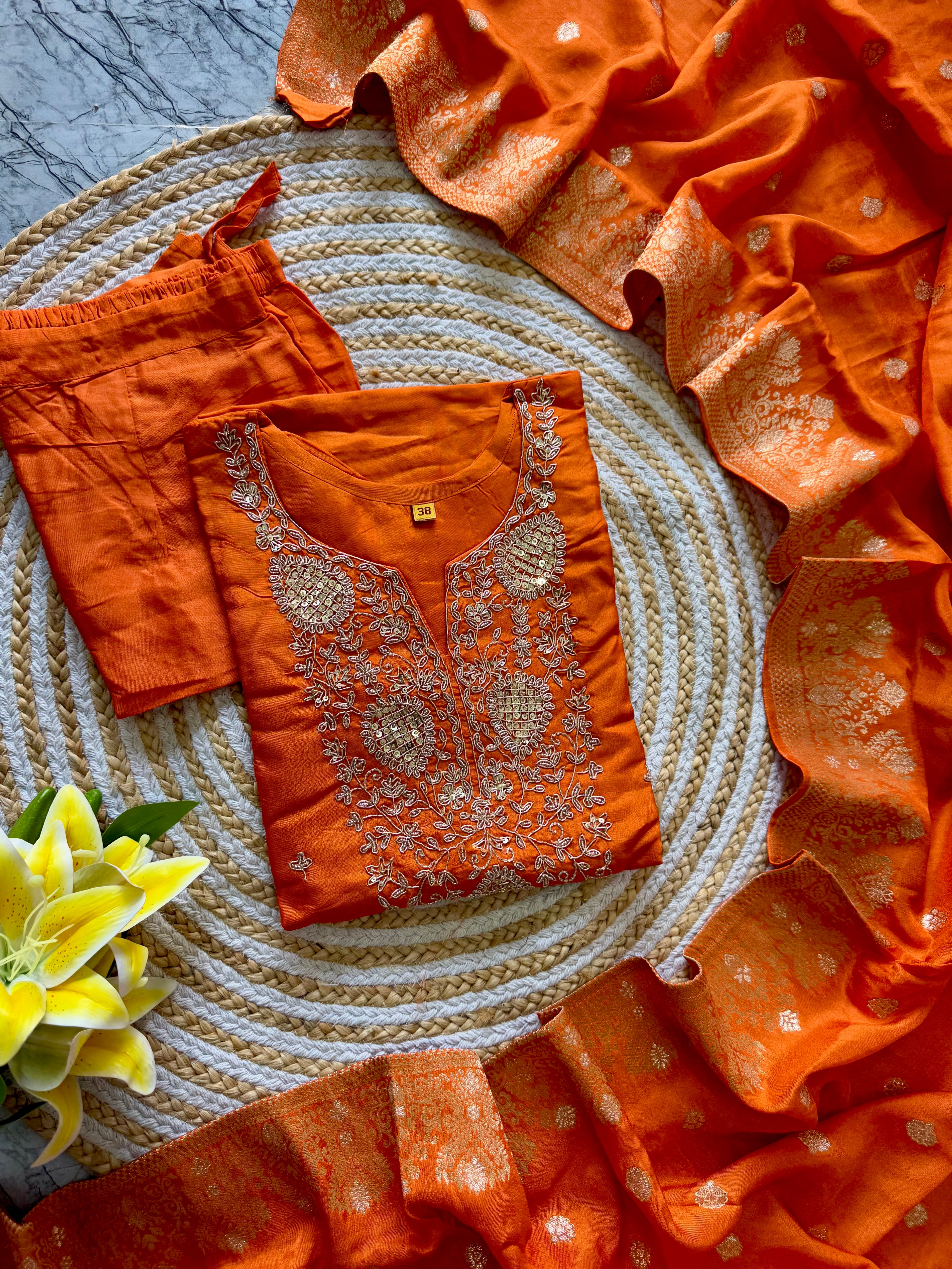 "Safiina" Beautiful orange shade dola silk kurti bottom with dupatta set 🛍️