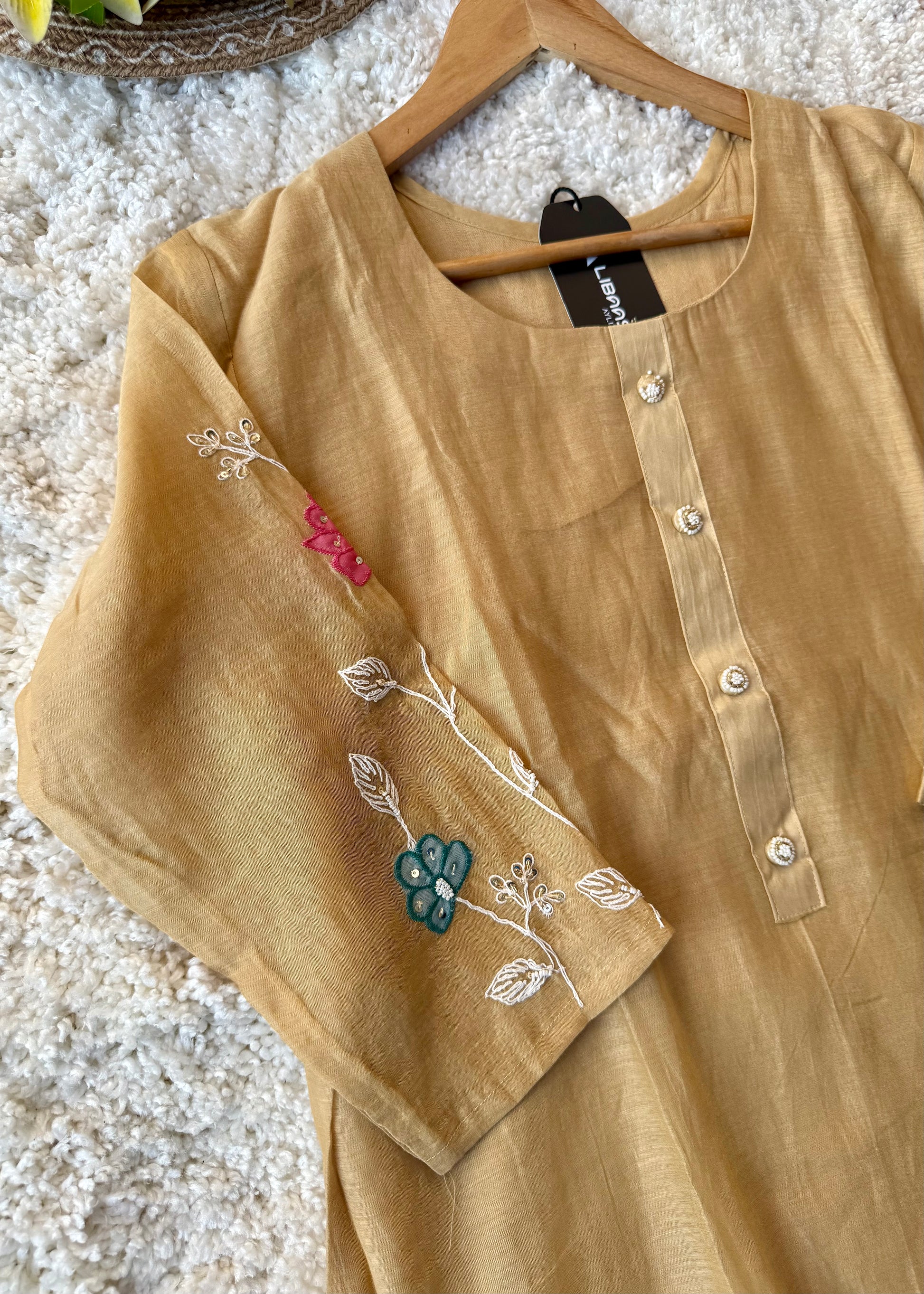 “Thread” Premium Golden Beige Mul Chanderi A Line kurta set