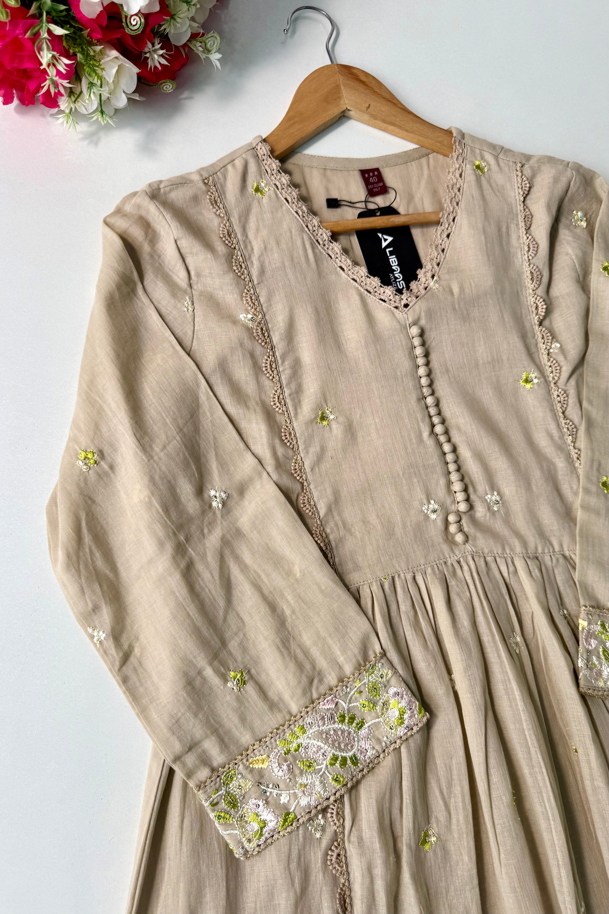 “Sana” Premium Sand Beige Cotton Embroidered Anarkali kurta set