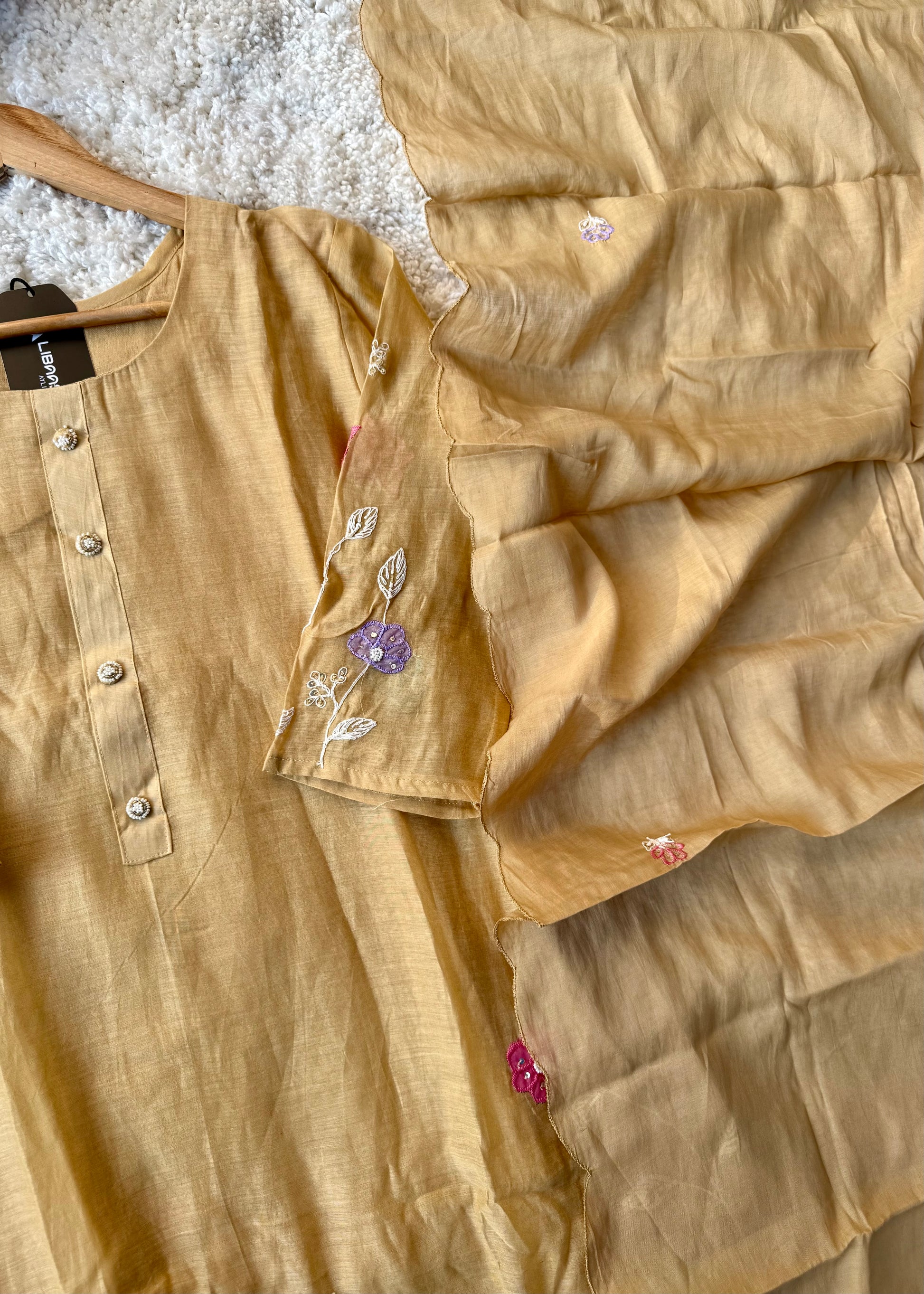 “Thread” Premium Golden Beige Mul Chanderi A Line kurta set
