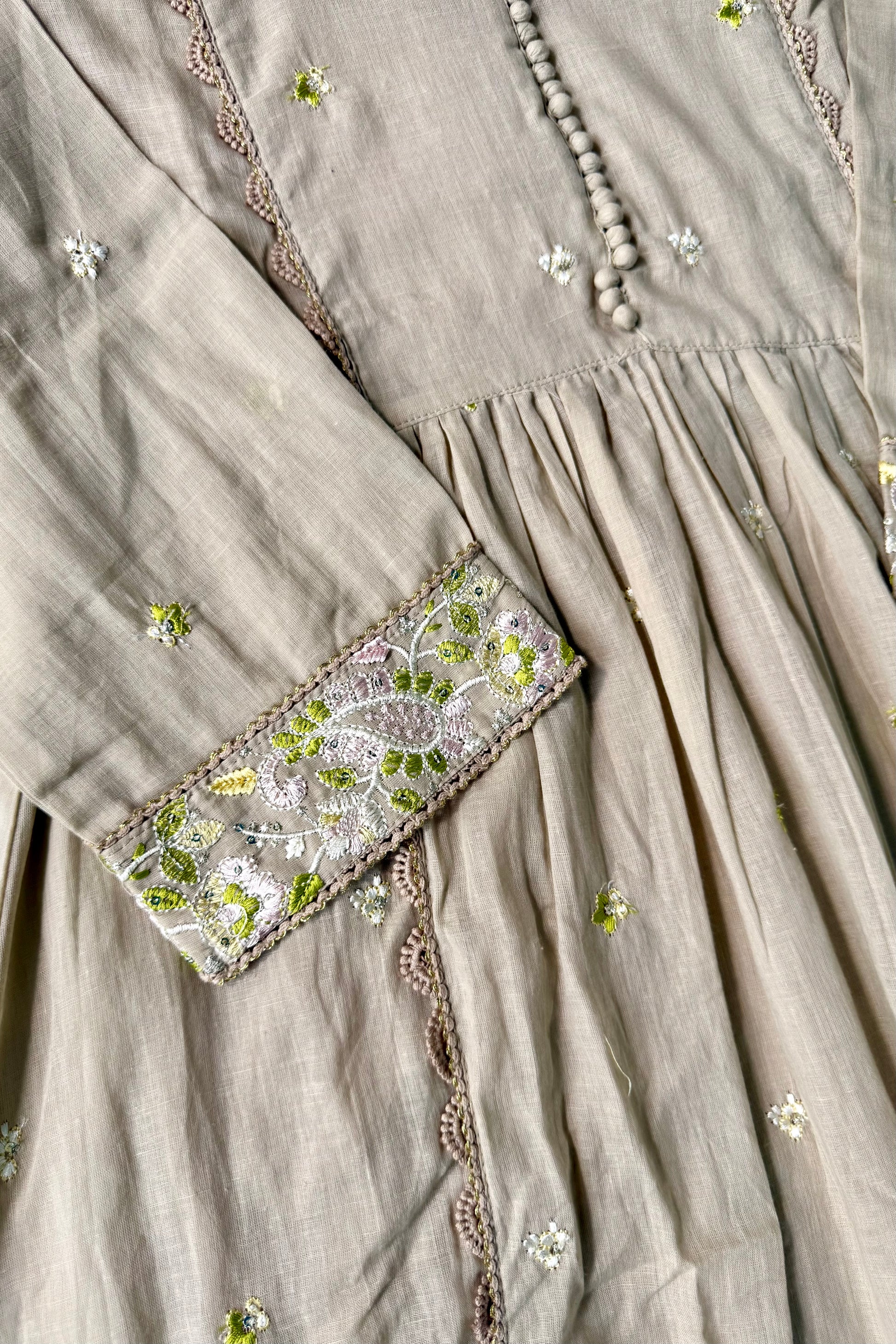 “Sana” Premium Sand Beige Cotton Embroidered Anarkali kurta set