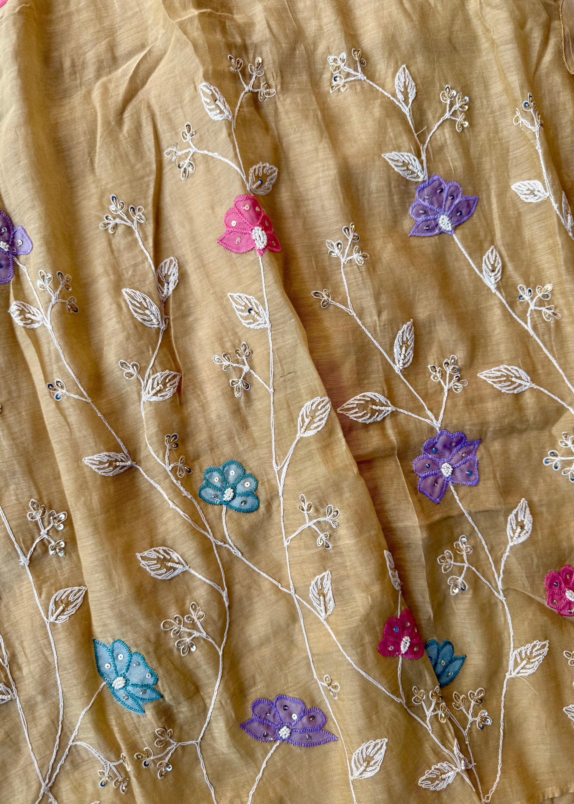 “Thread” Premium Golden Beige Mul Chanderi A Line kurta set