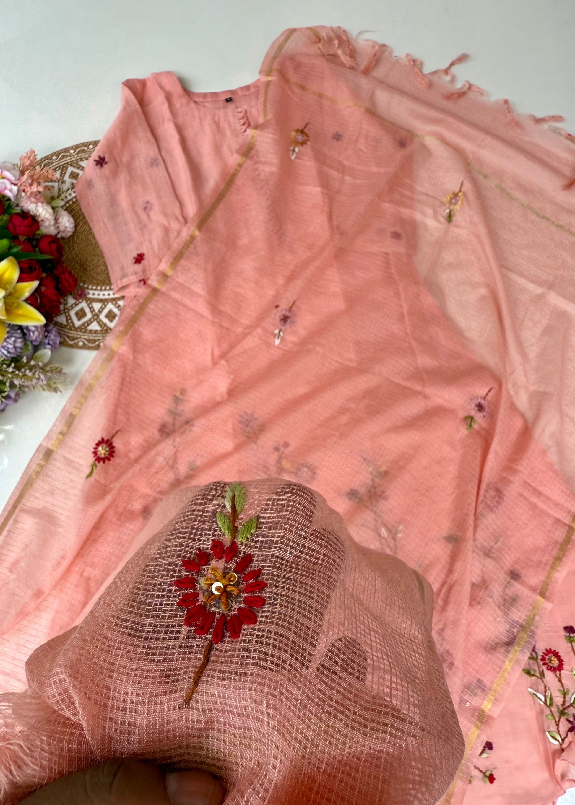 “Thread” Premium Mauve pink Mul Chanderi A Line kurta set