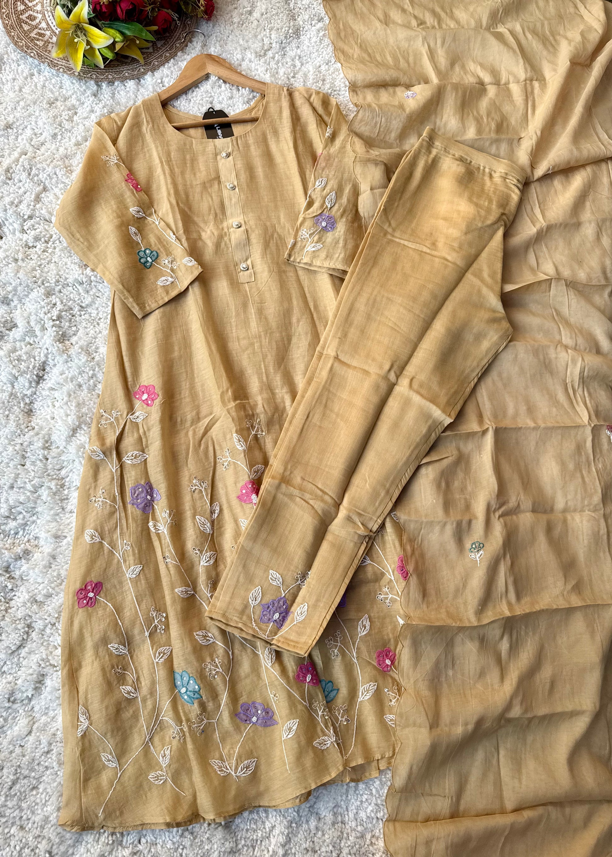 “Thread” Premium Golden Beige Mul Chanderi A Line kurta set