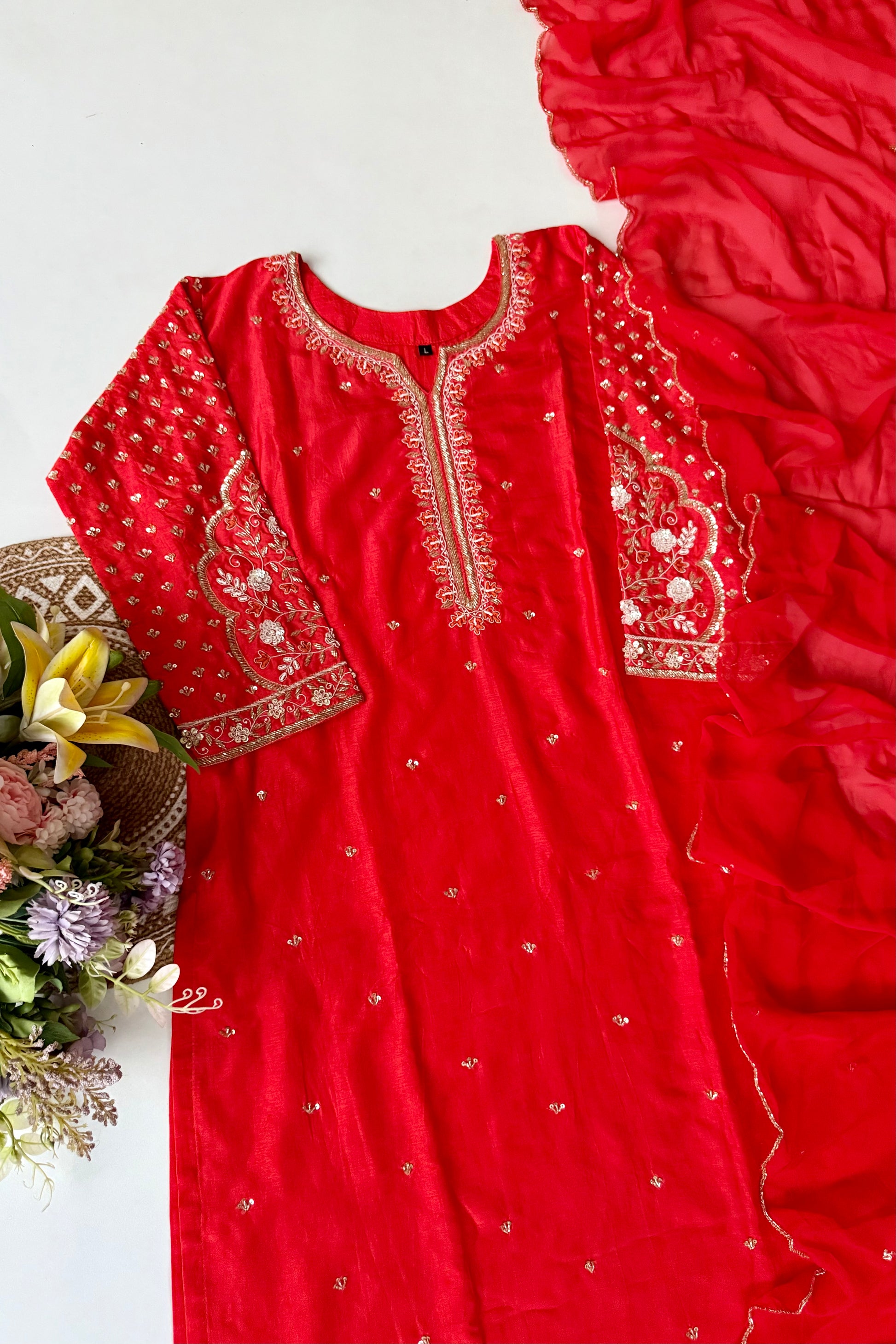 “Aayza ” Partywear Orange heavy handwork Dola Silk Kurta Set
