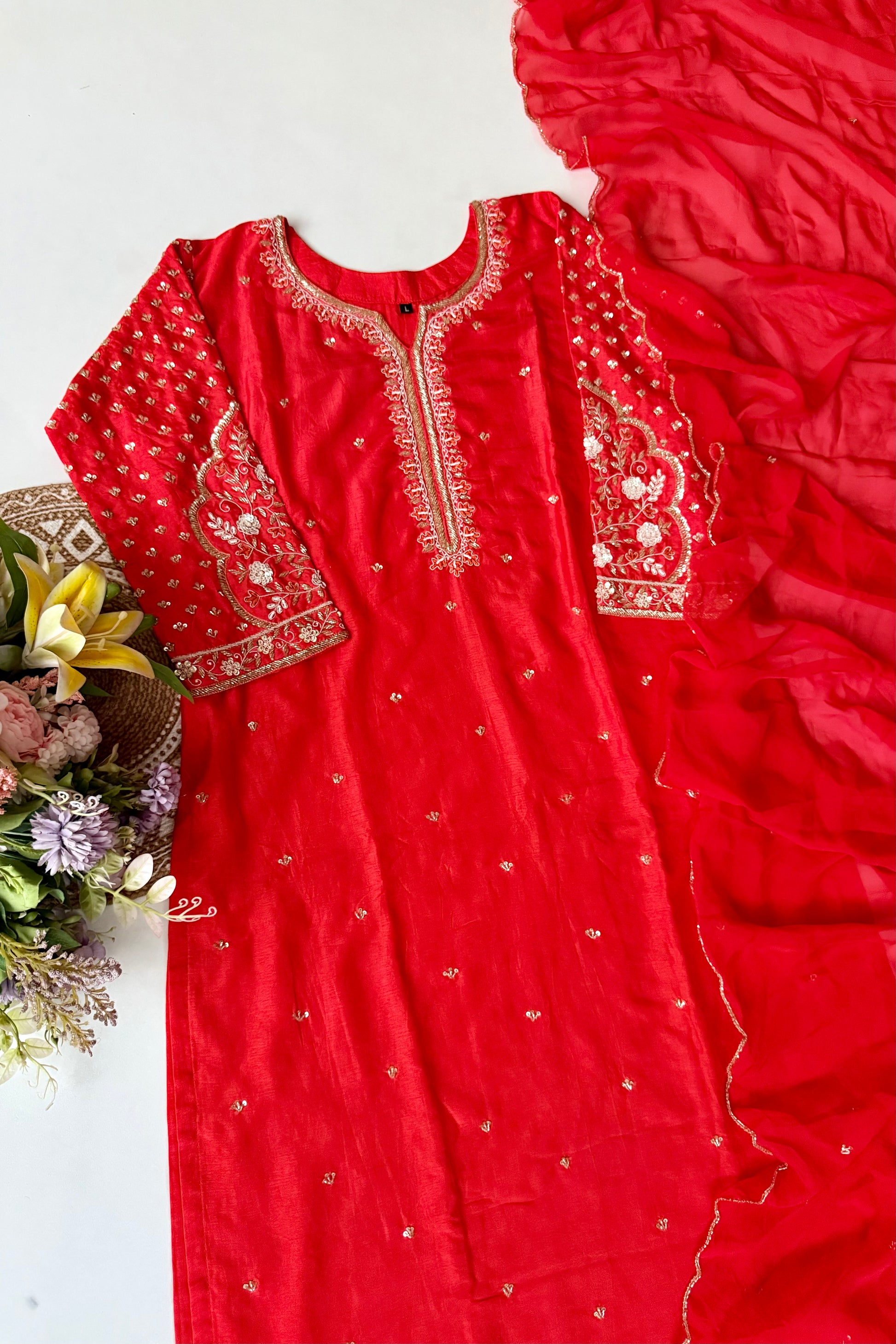“Aayza ” Partywear Orange heavy handwork Dola Silk Kurta Set