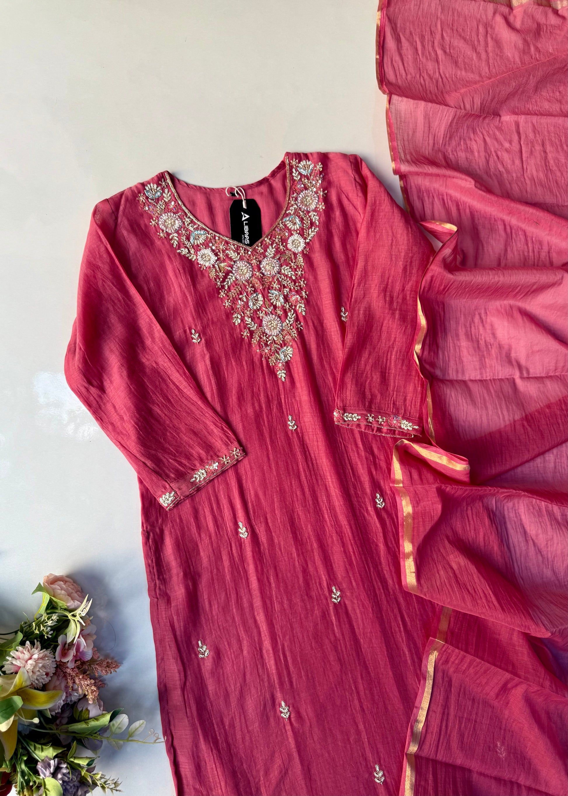 “Rania” Trending Ethnic Wear Deep Rose Pink Mul Chanderi Kurta Set