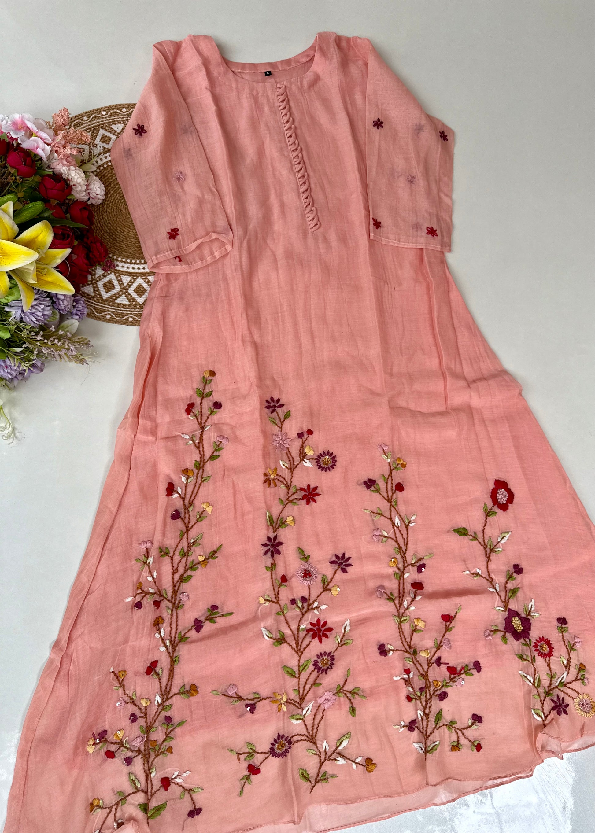 “Thread” Premium Mauve pink Mul Chanderi A Line kurta set