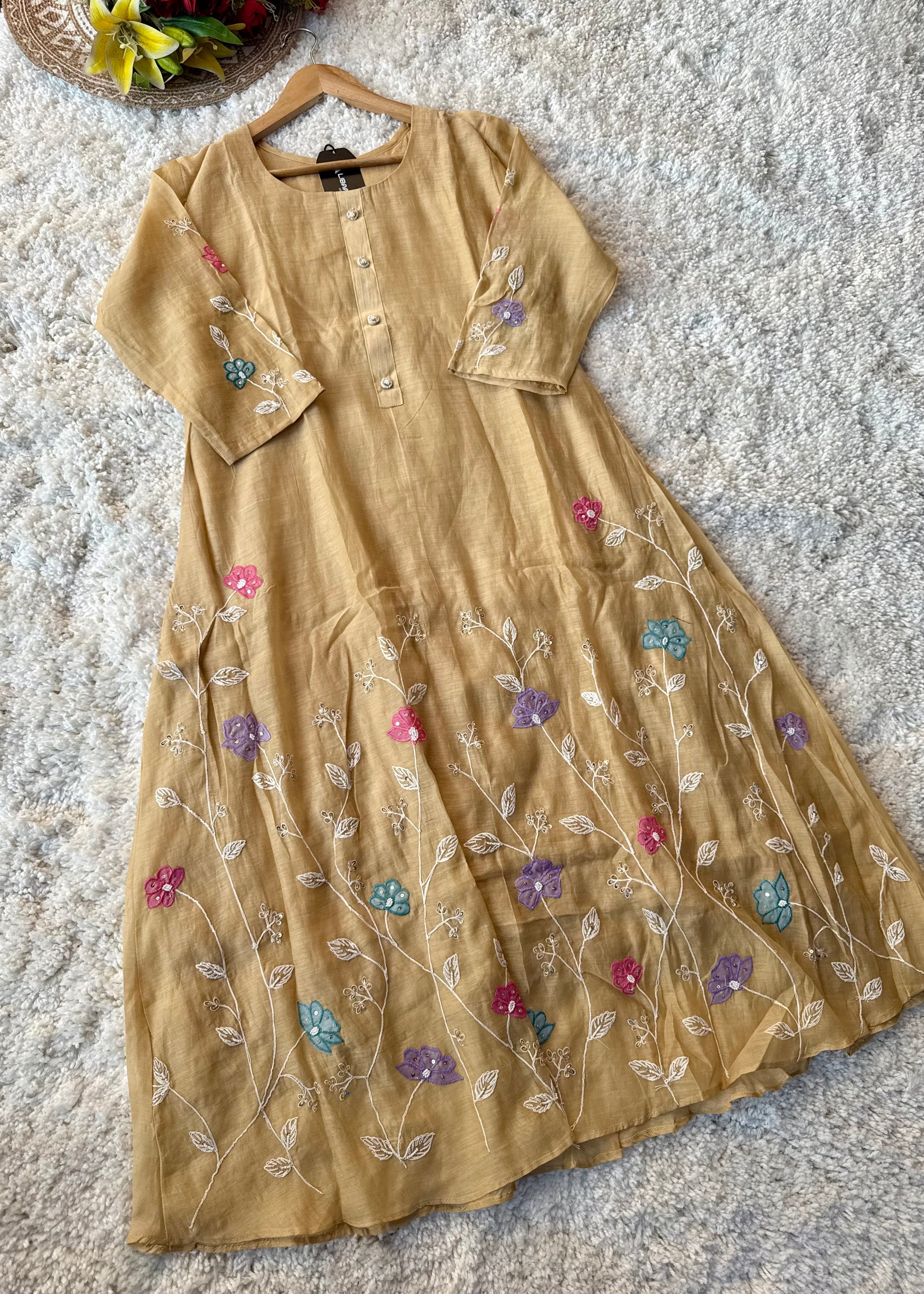 “Thread” Premium Golden Beige Mul Chanderi A Line kurta set