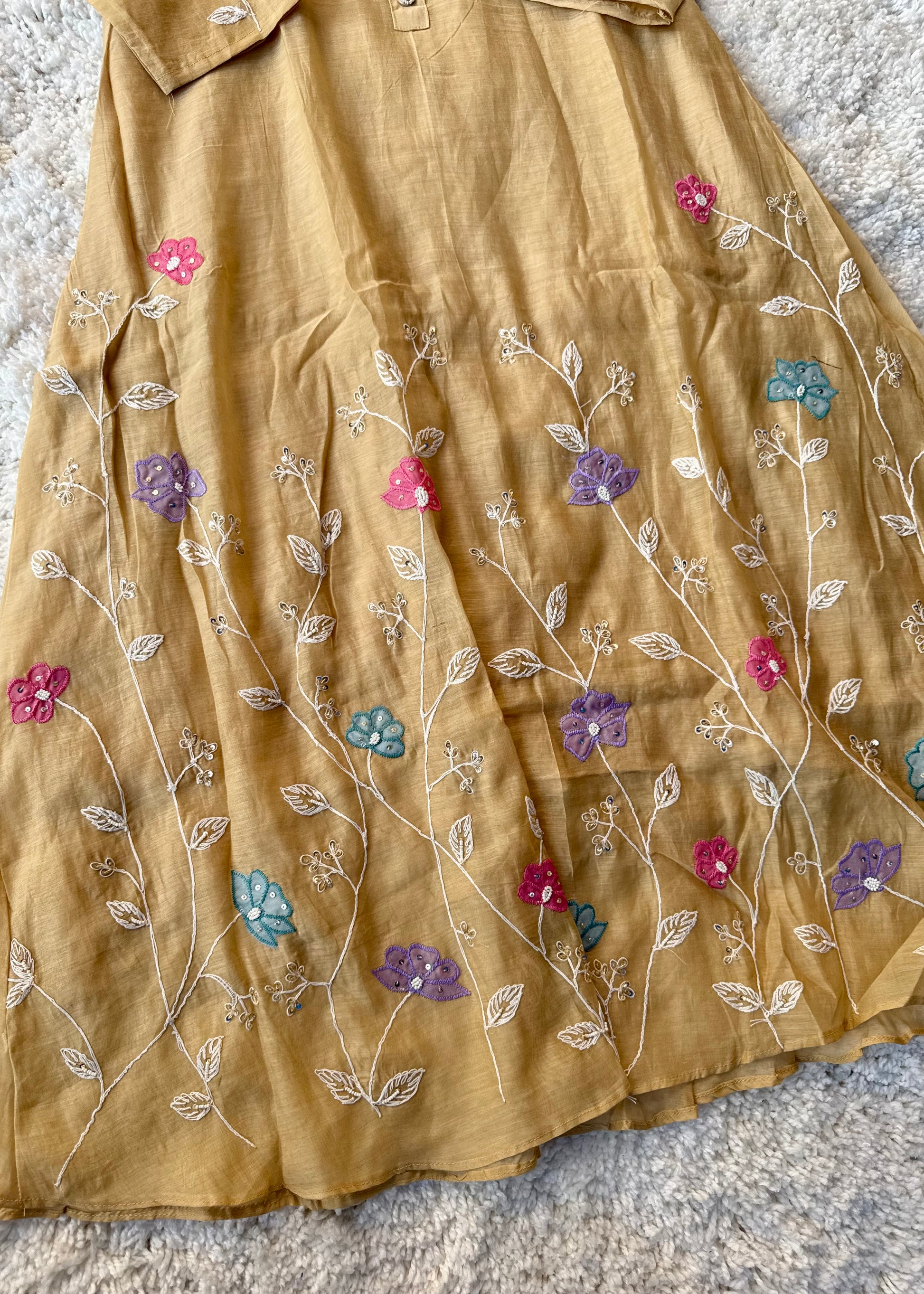 “Thread” Premium Golden Beige Mul Chanderi A Line kurta set