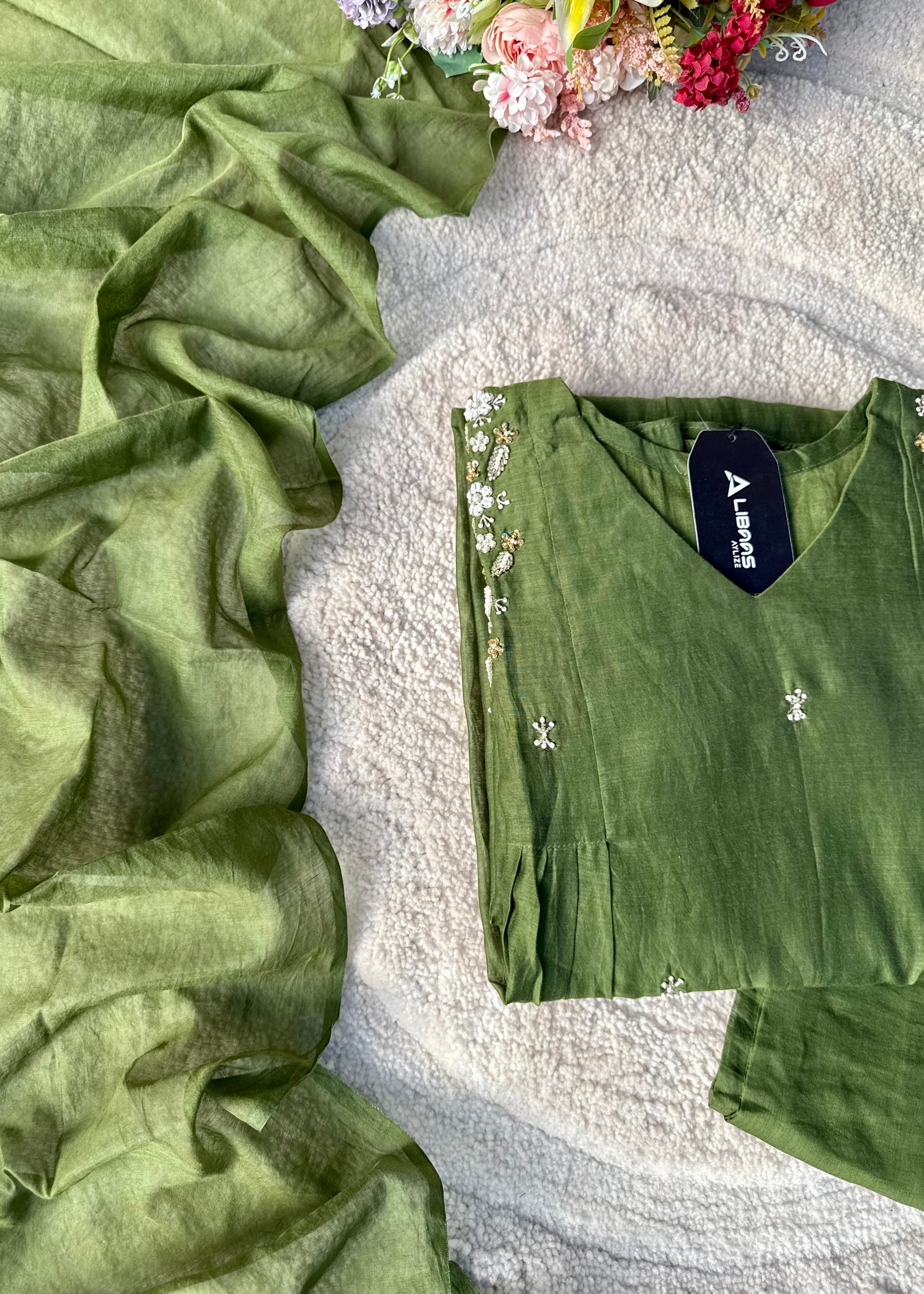 “Zayna” Premium Green Mul Chanderi anarkali kurta set