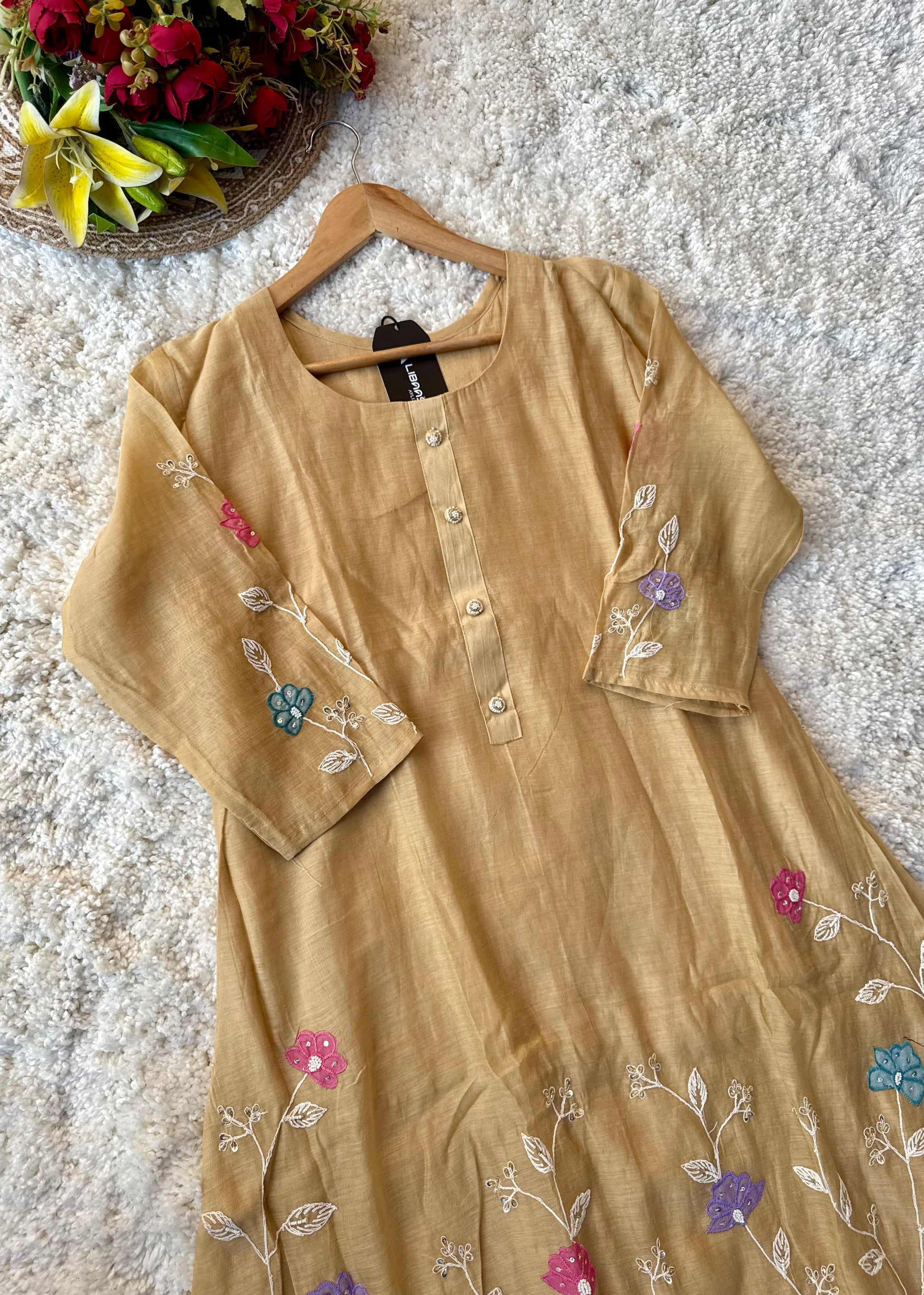 “Thread” Premium Golden Beige Mul Chanderi A Line kurta set