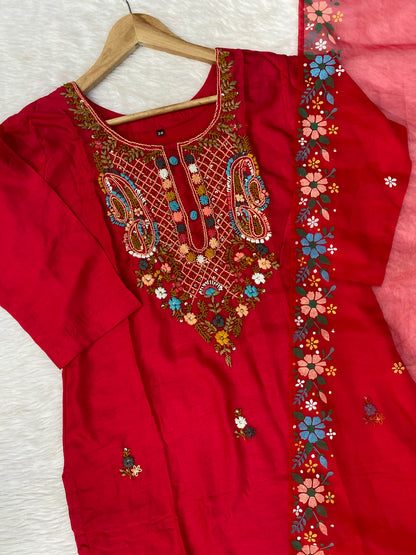 ‘’TANYA” Handcrafted thred work Dola Silk Kurta Dupatta Bottom Set