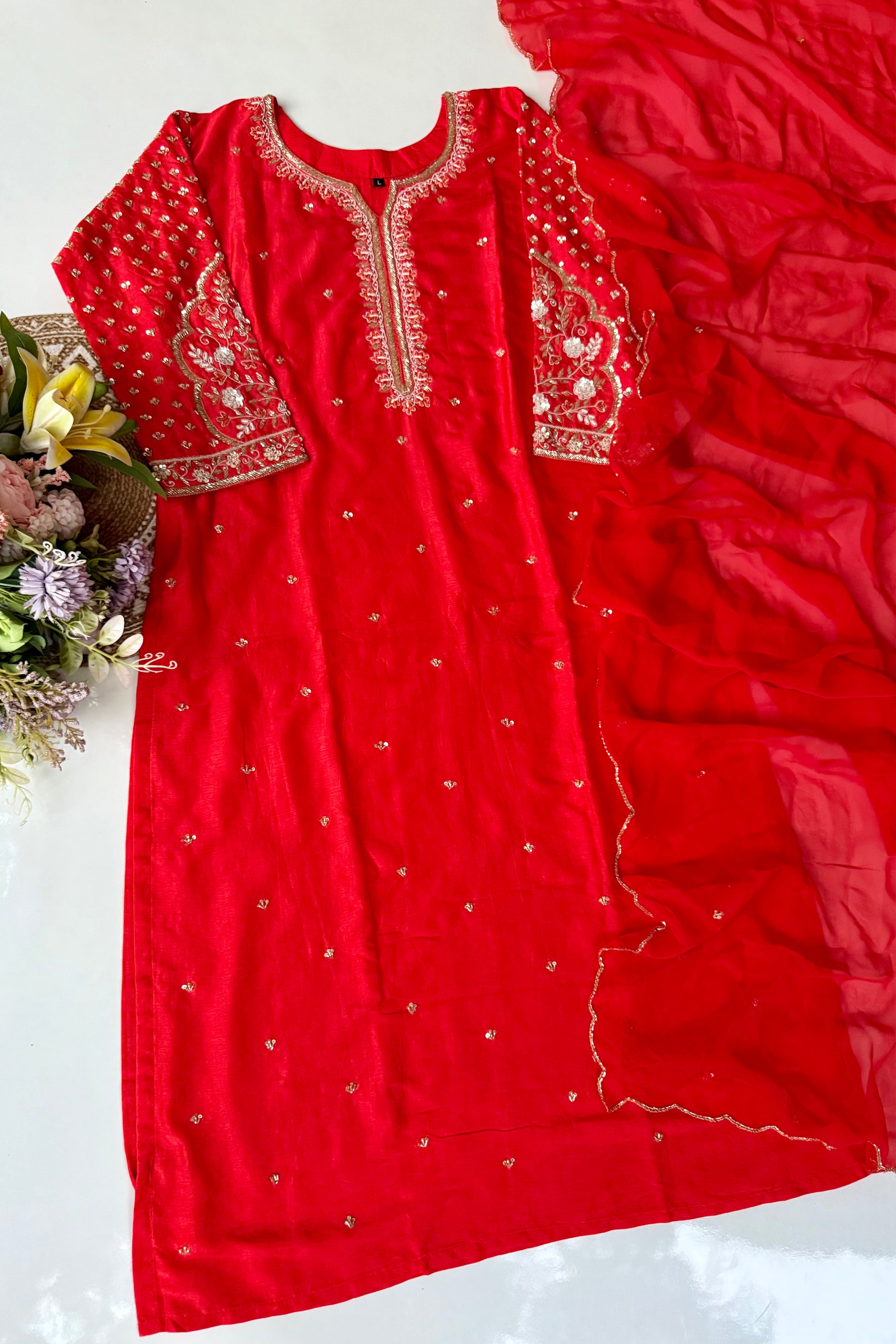 “Aayza ” Partywear Orange heavy handwork Dola Silk Kurta Set