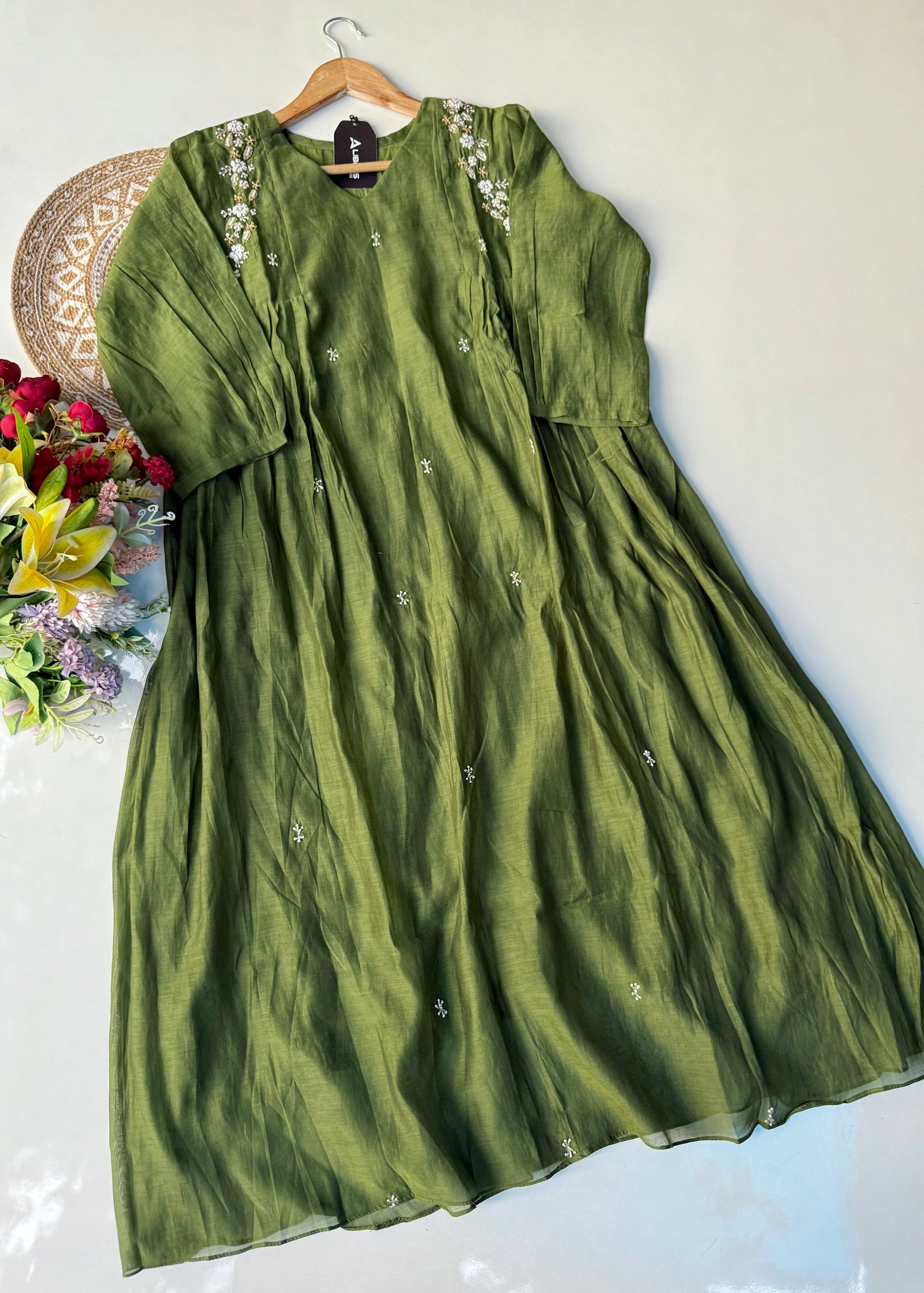 “Zayna” Premium Green Mul Chanderi anarkali kurta set