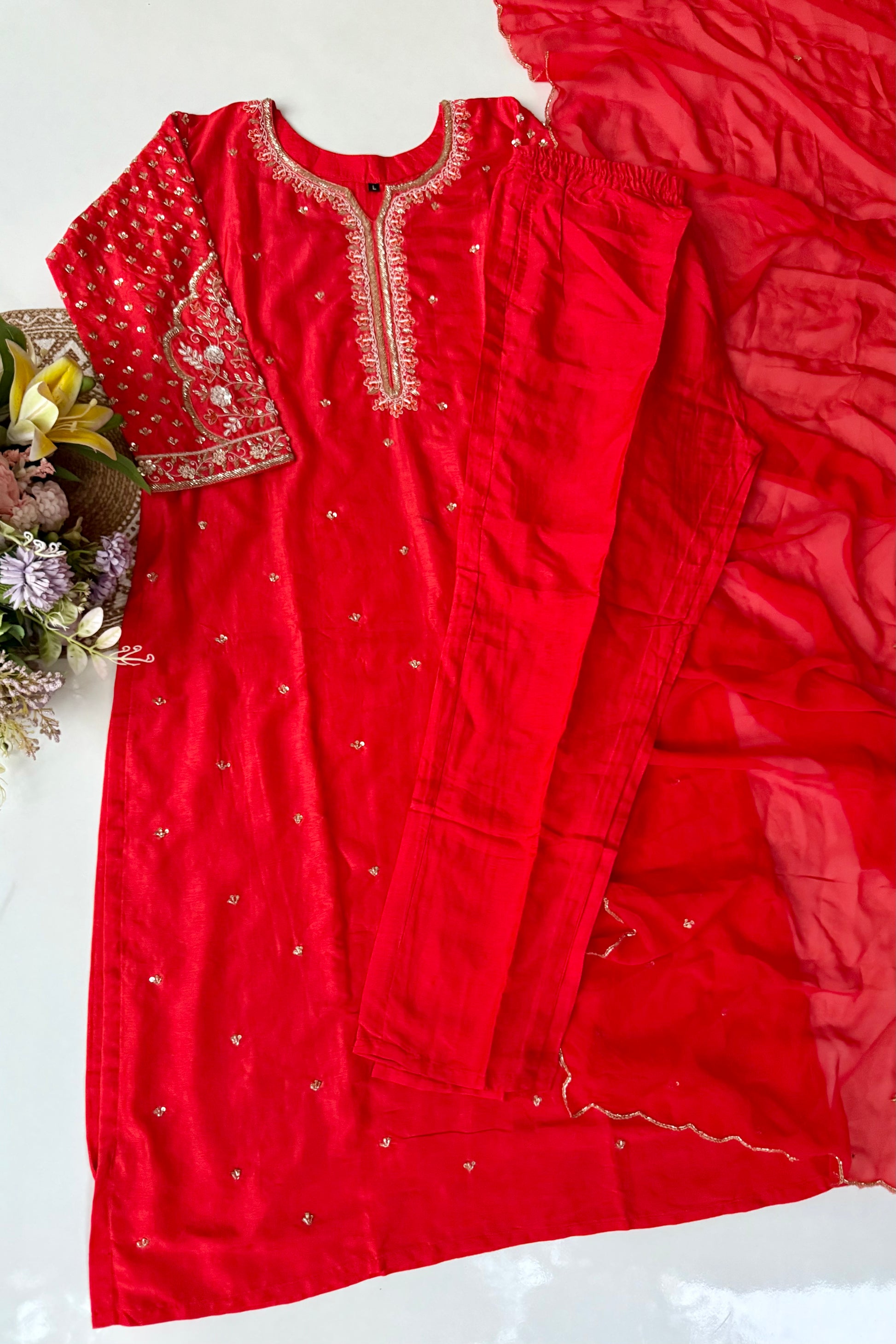 “Aayza ” Partywear Orange heavy handwork Dola Silk Kurta Set